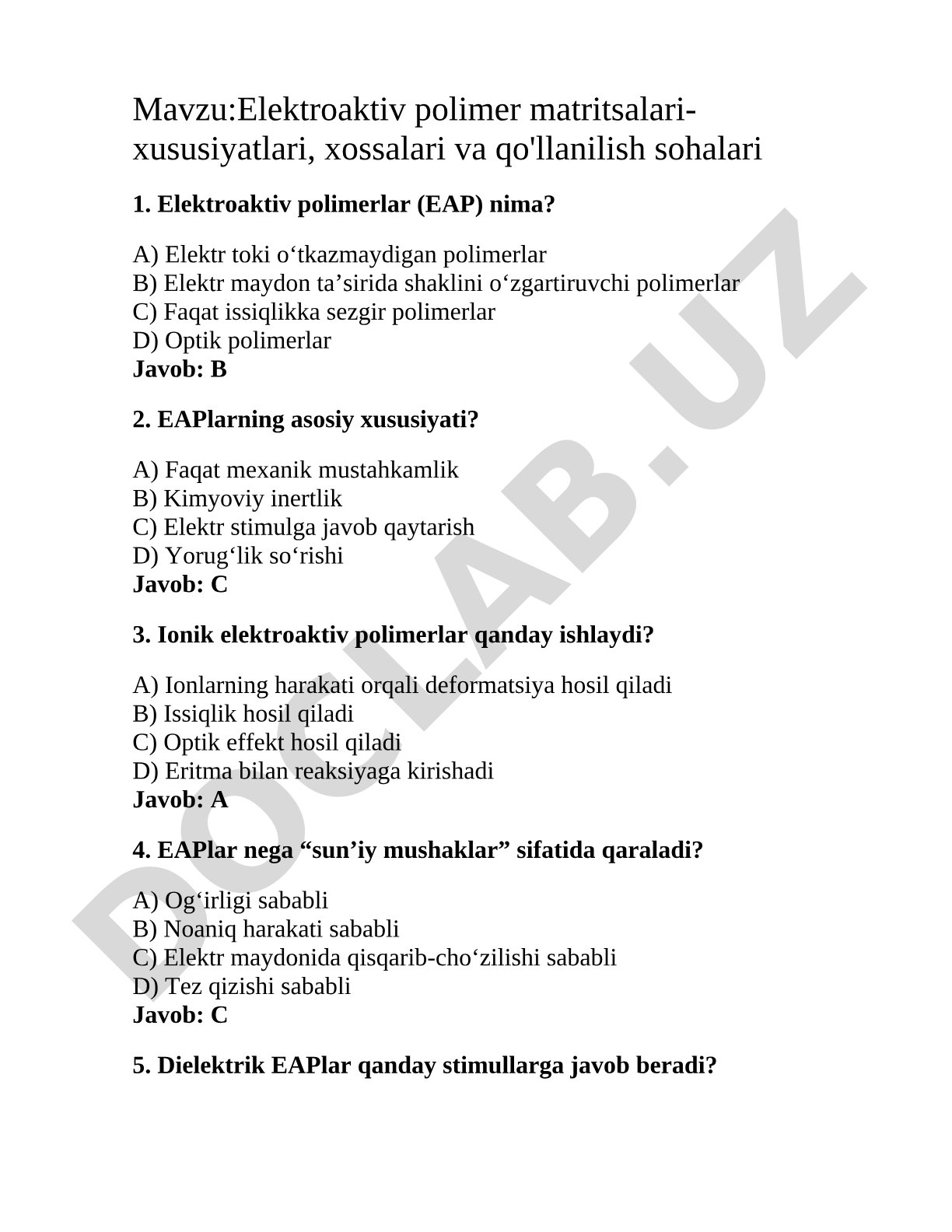 Elektroaktiv polimer matritsalari - xususiyatlari, xossalari va qo'llanilish sohalari