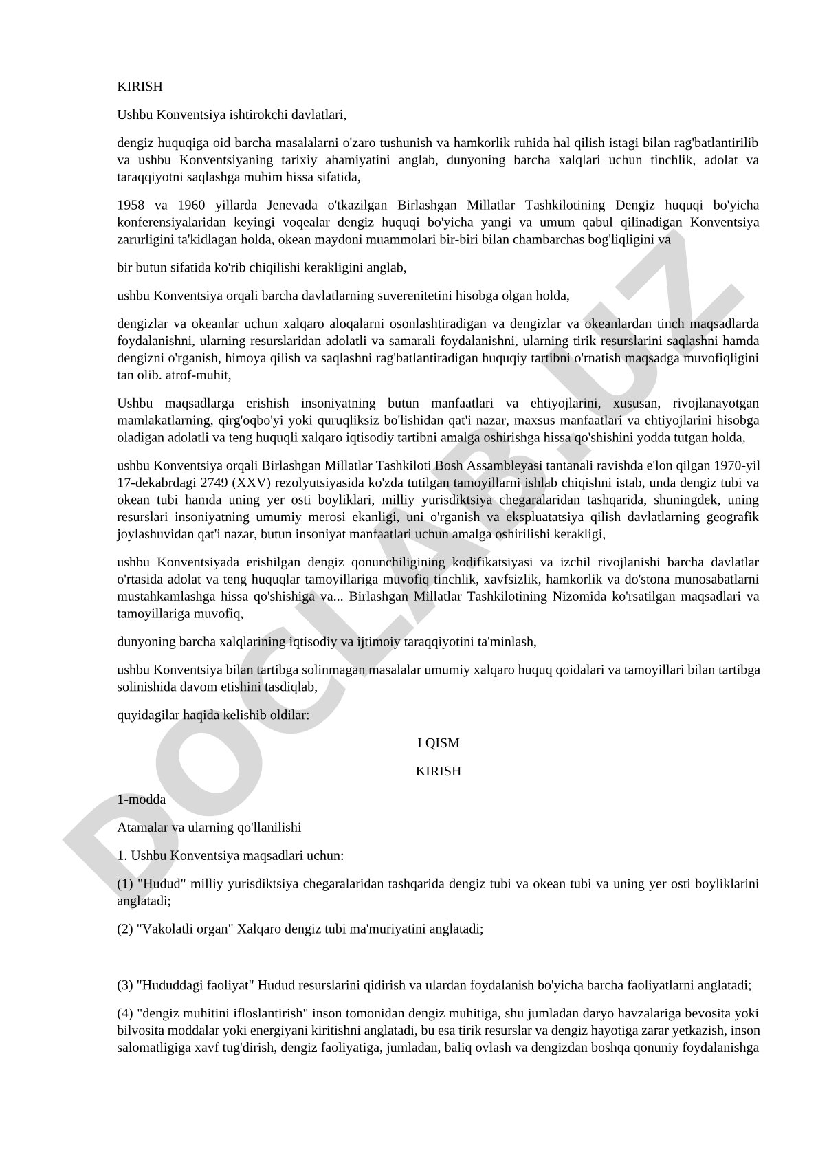 Dengiz huquqi to'g'risidagi Birlashgan Millatlar Tashkiloti Konventsiyasiga kirish