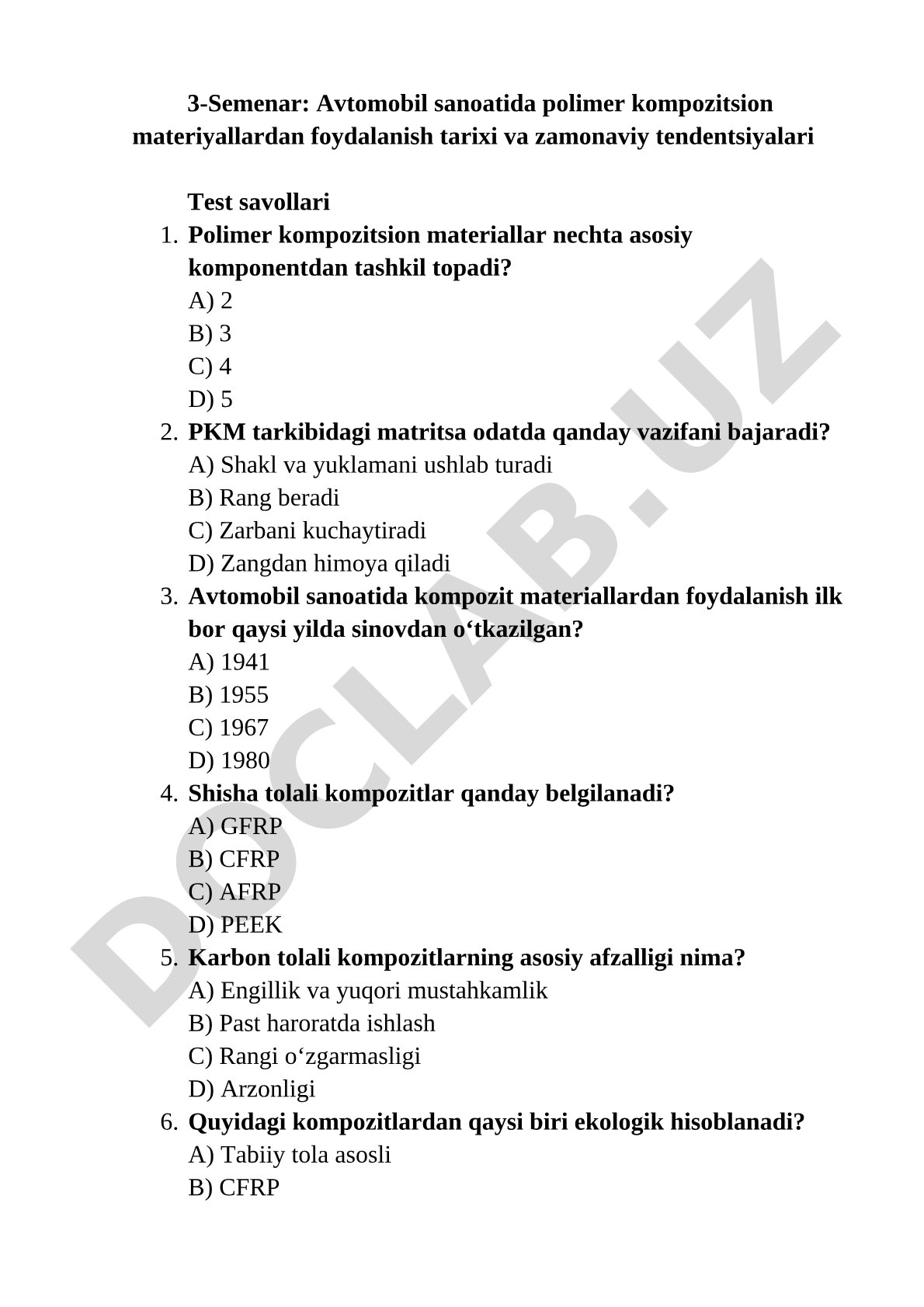 Avtomobil sanoatida polimer kompozitsion materiallardan foydalanish tarixi va zamonaviy tendentsiyalari