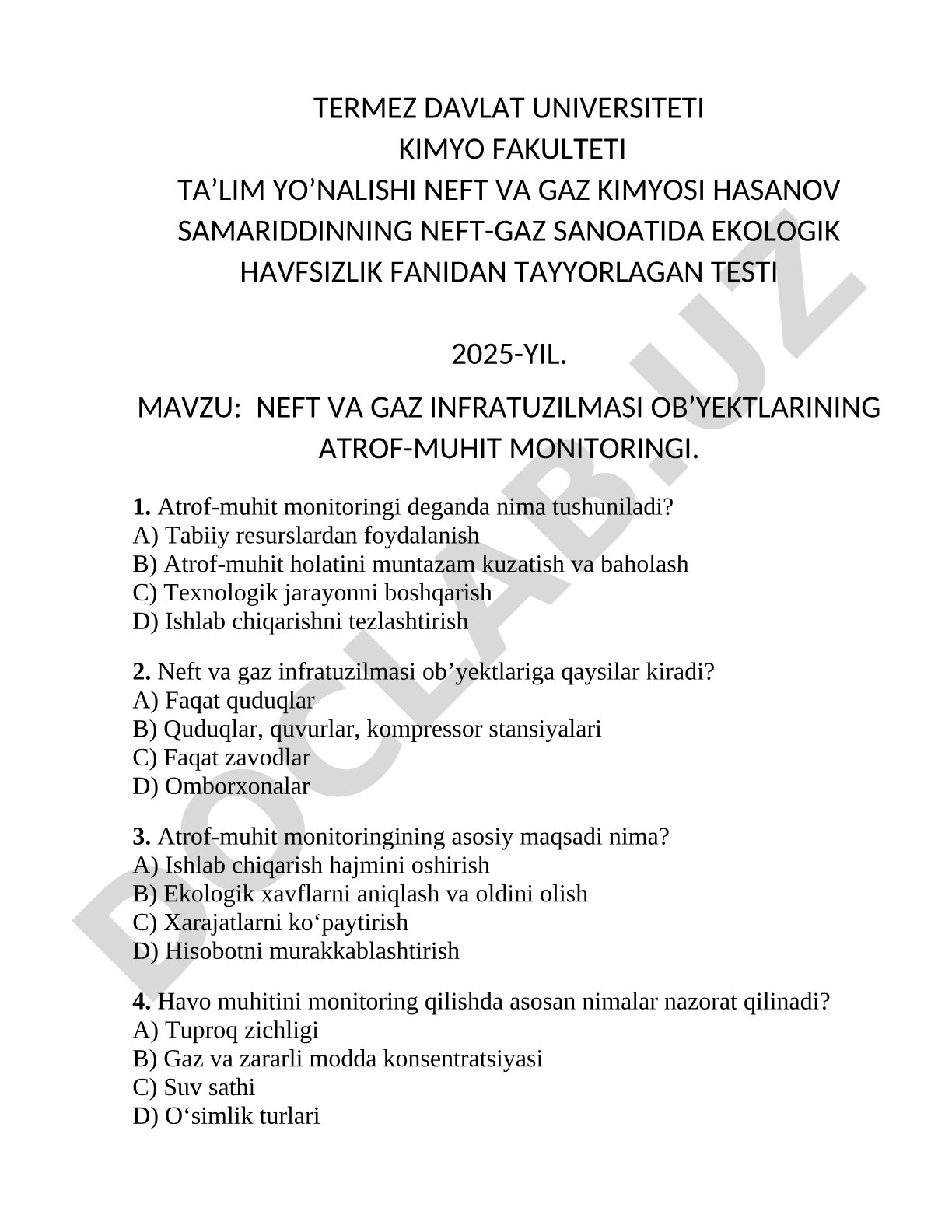 Neft va gaz infratuzilmasi ob'ektlarining atrof-muhit monitoringi