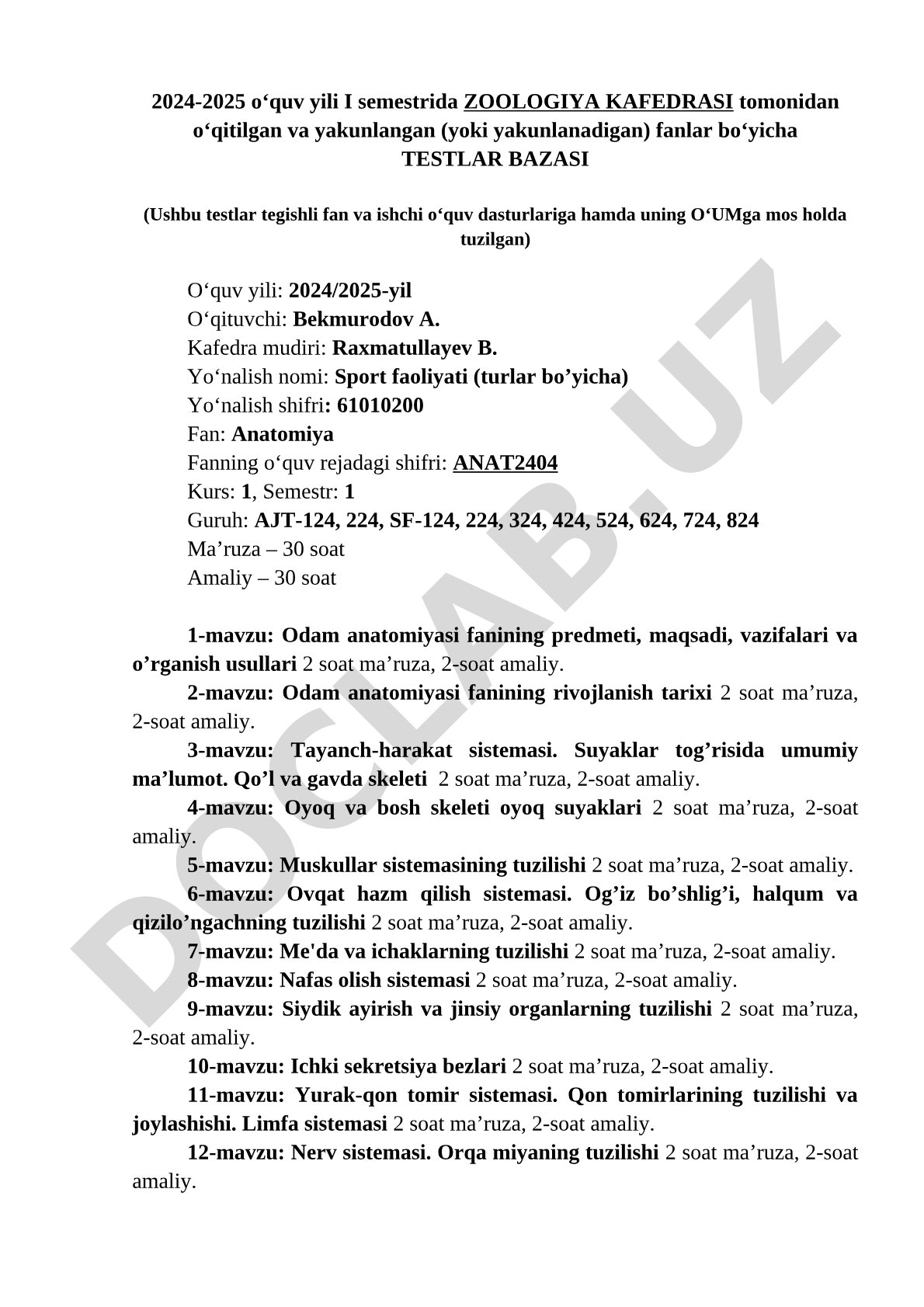 Anatomiya fanidan testlar bazasi