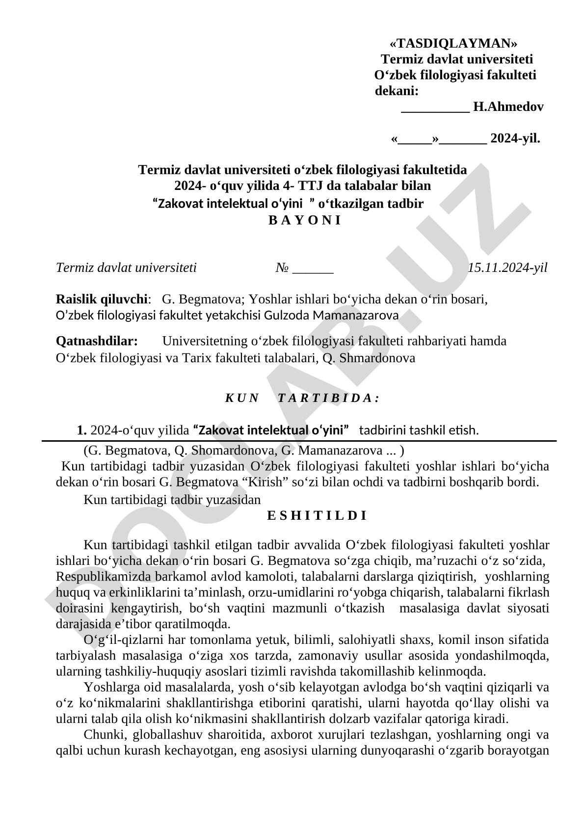Zakovat intelektual o'yini tadbiri bayoni