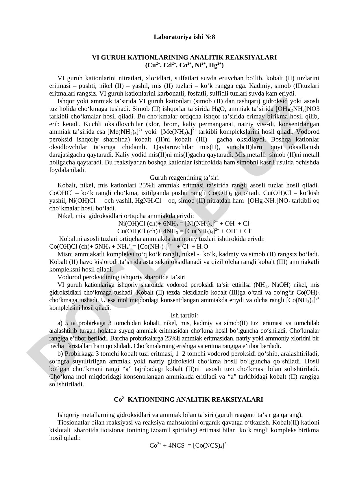 VI guruh kationlarining analitik reaksiyalari