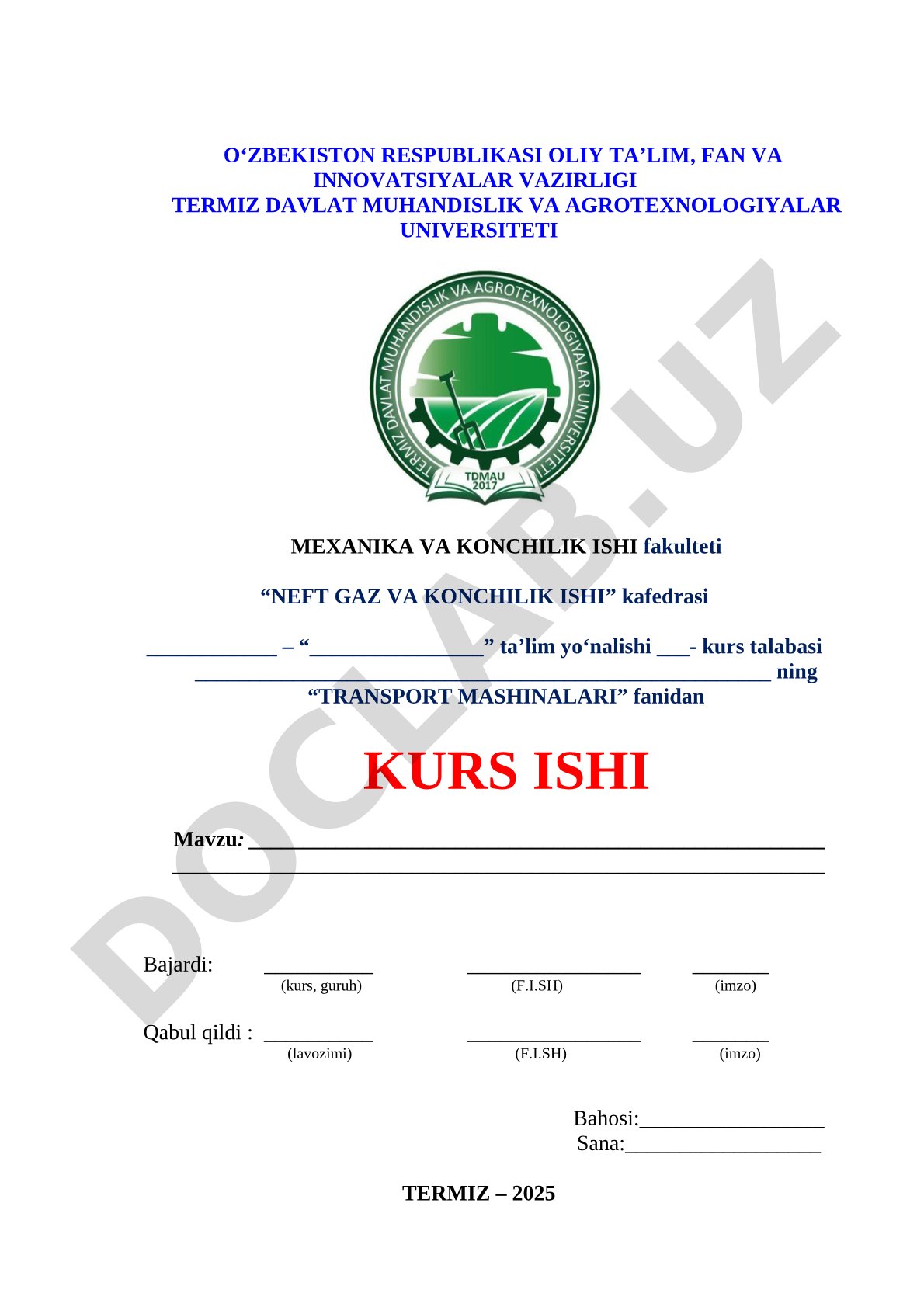 Transport mashinalari fanidan kurs ishi