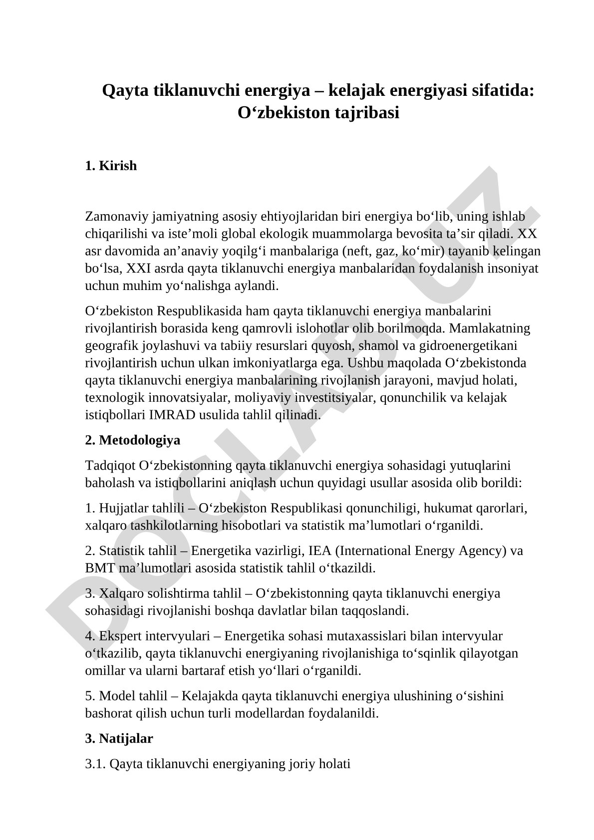 Qayta tiklanuvchi energiya – kelajak energiyasi sifatida: O‘zbekiston tajribasi