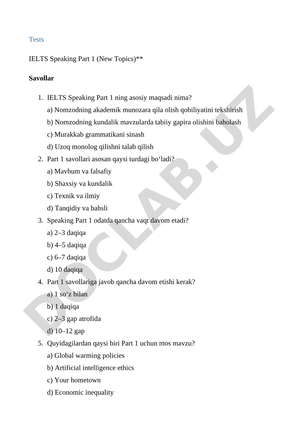 IELTS Speaking Part 1 test savollari