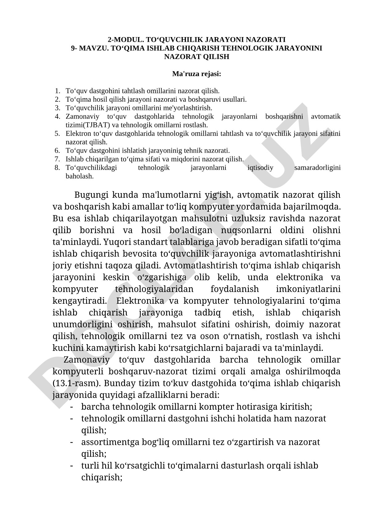 To‘qima ishlab chiqarish texnologik jarayonini nazorat qilish
