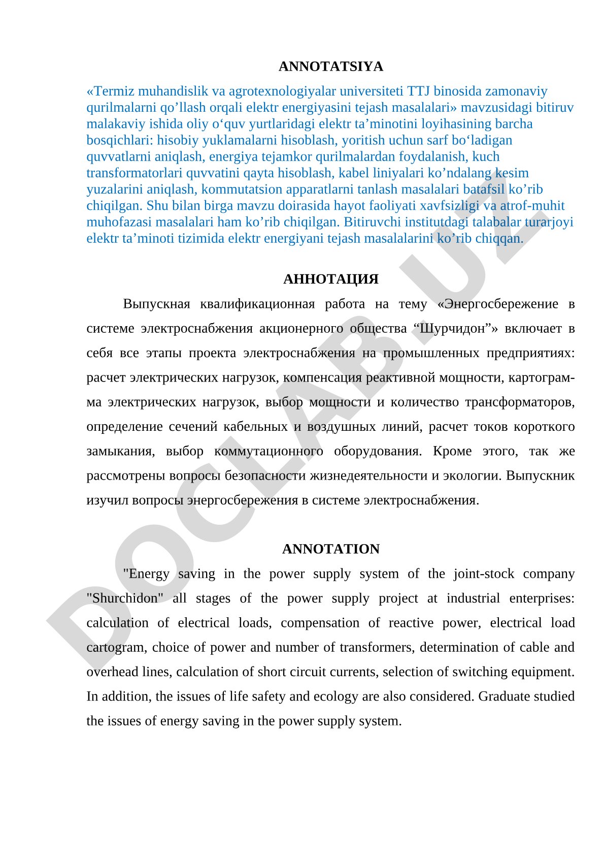 Termiz muhandislik va agrotexnologiyalar universiteti TTJ binosida zamonaviy qurilmalarni qo'llash orqali elektr energiyasini tejash masalalari