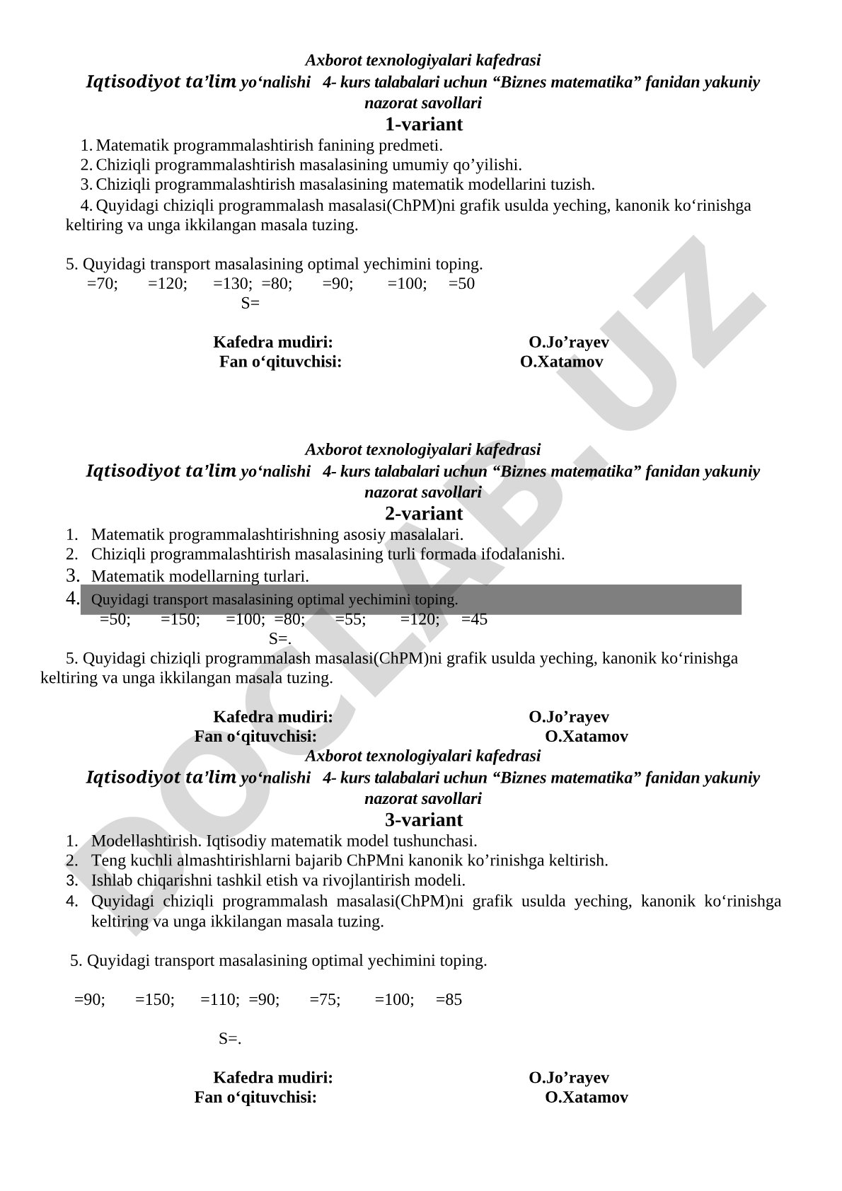 Biznes matematika fanidan yakuniy nazorat savollari