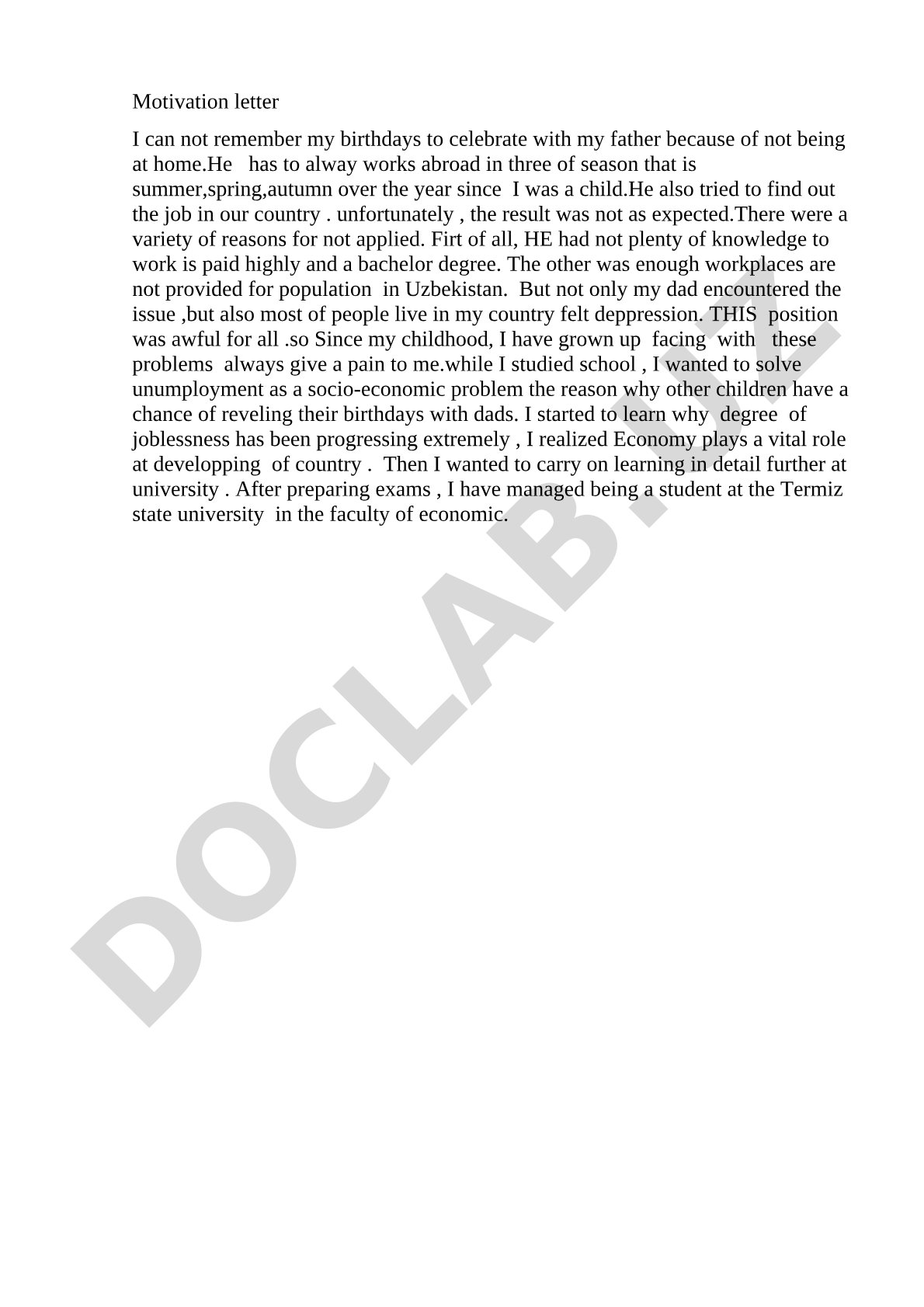 Motivation letter about unemployment in Uzbekistan