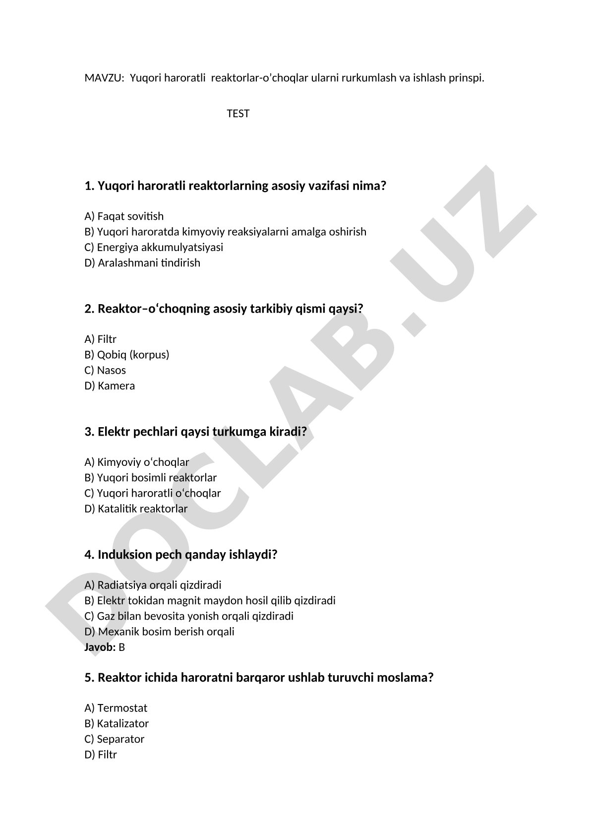 Yuqori haroratli reaktorlar-o'choqlar ularni turkumlash va ishlash prinspi