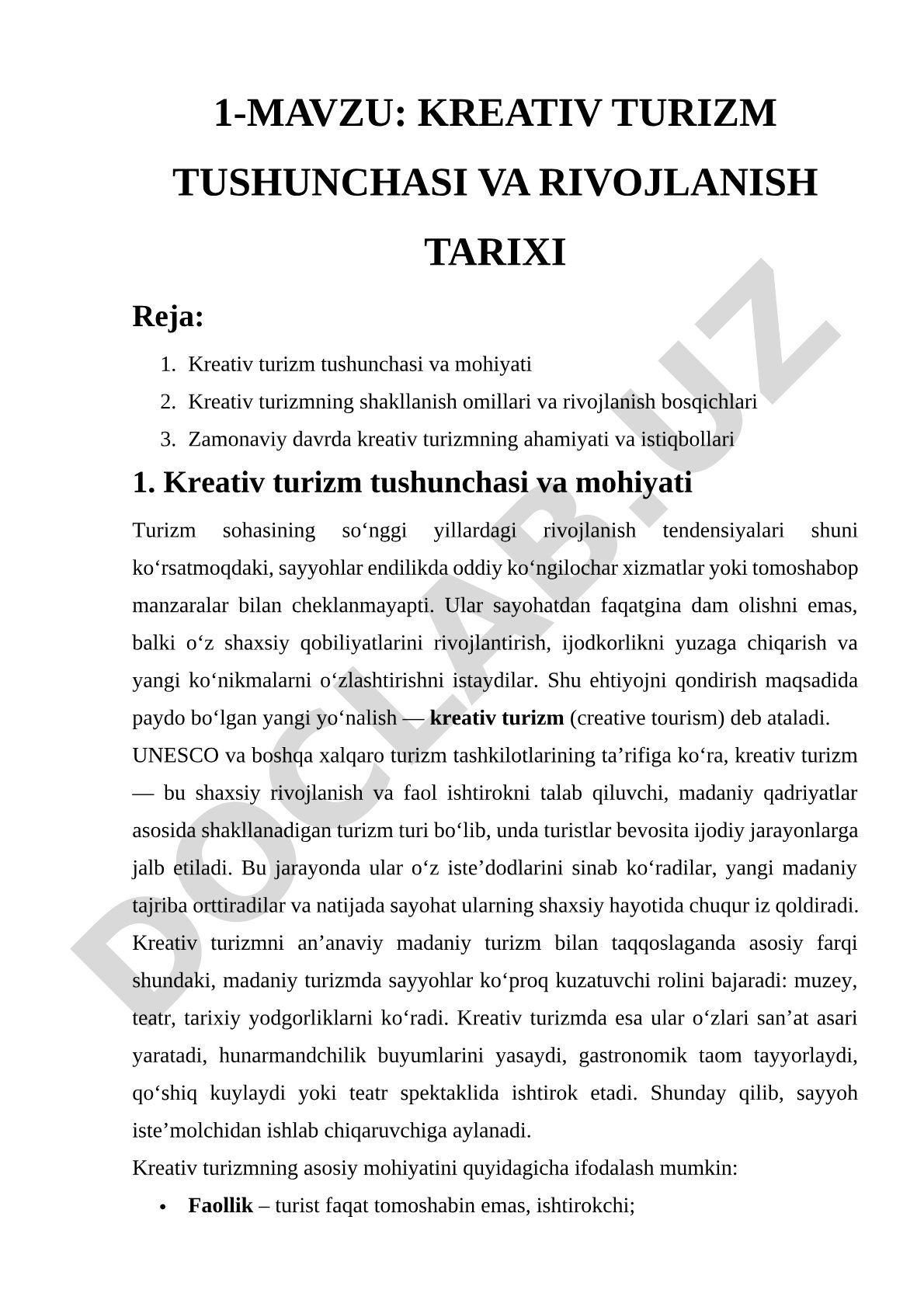 Kreativ turizm tushunchasi va rivojlanish tarixi