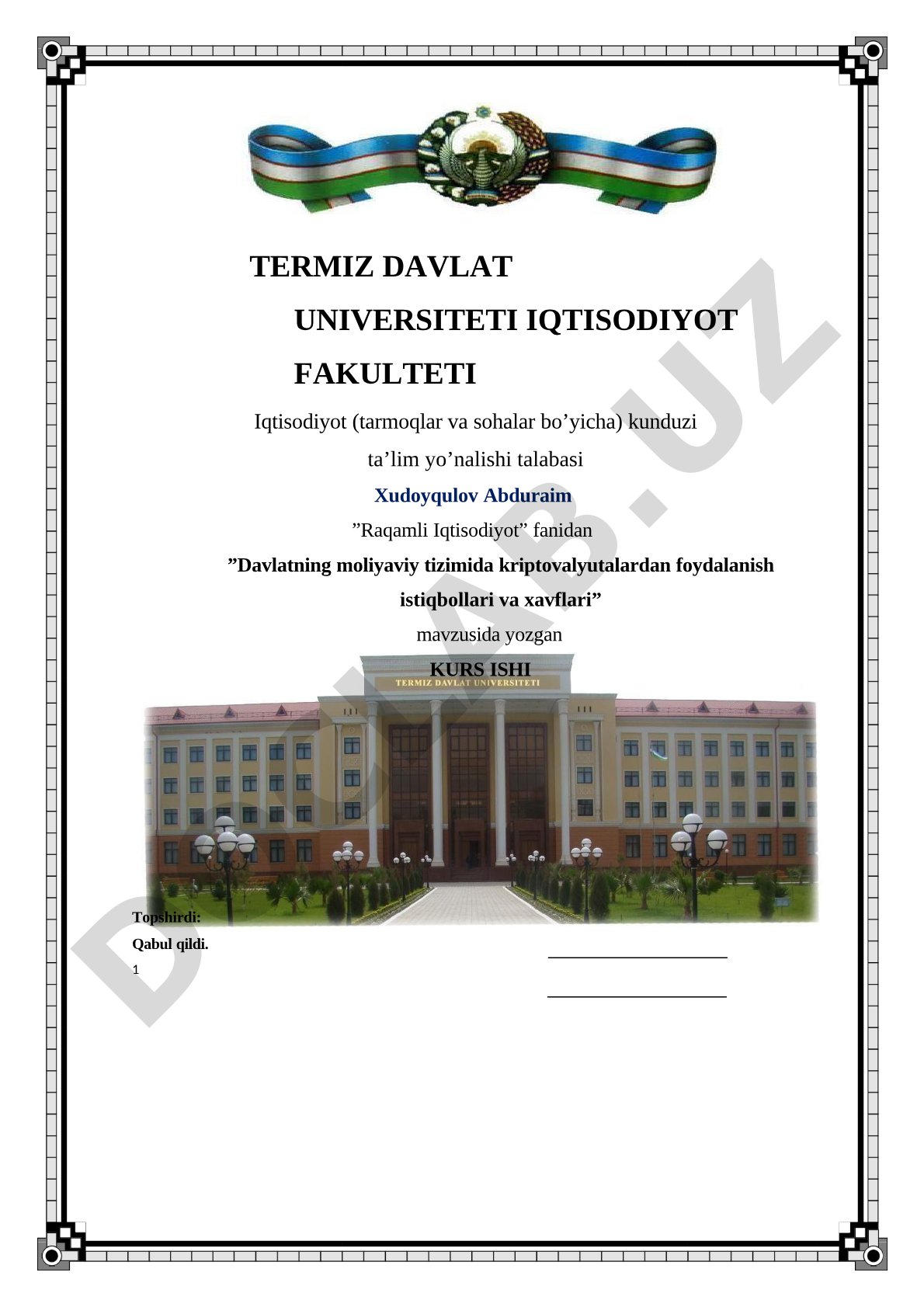 Davlatning moliyaviy tizimida kriptovalyutalardan foydalanish istiqbollari va xavflari