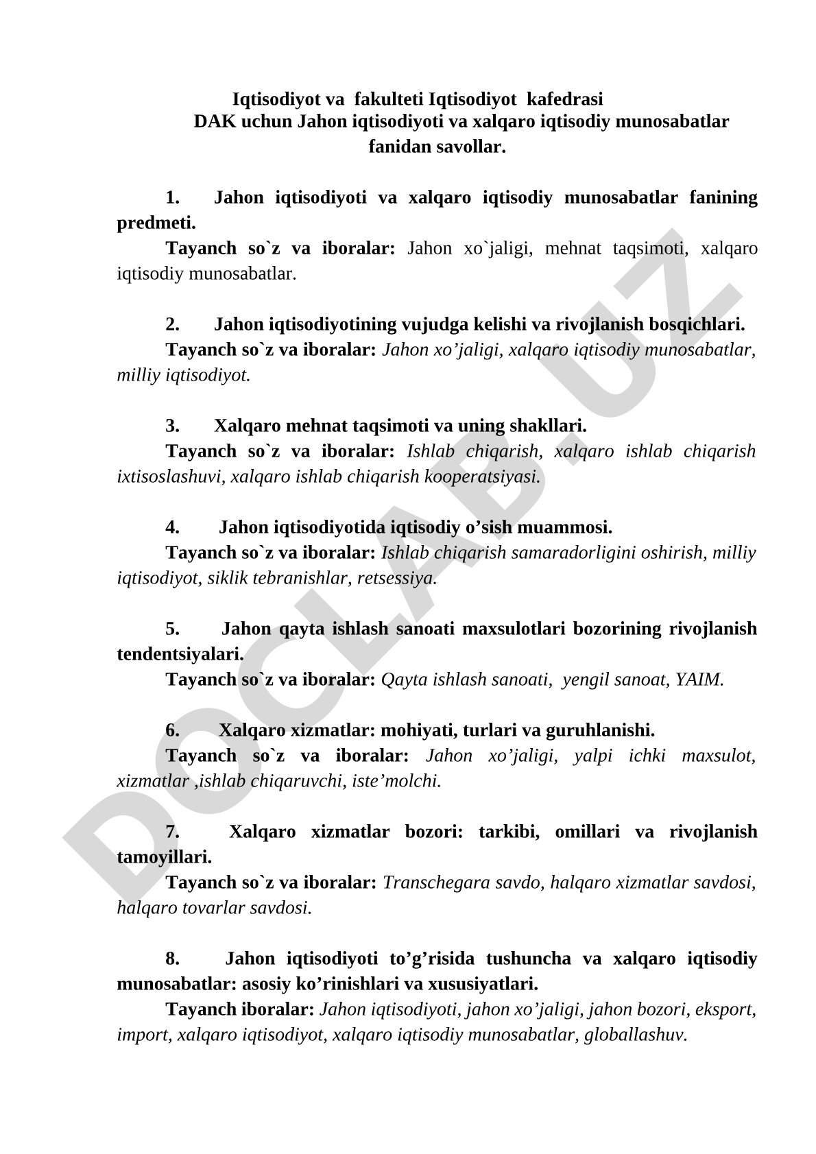 Jahon iqtisodiyoti va xalqaro iqtisodiy munosabatlar fanidan savollar