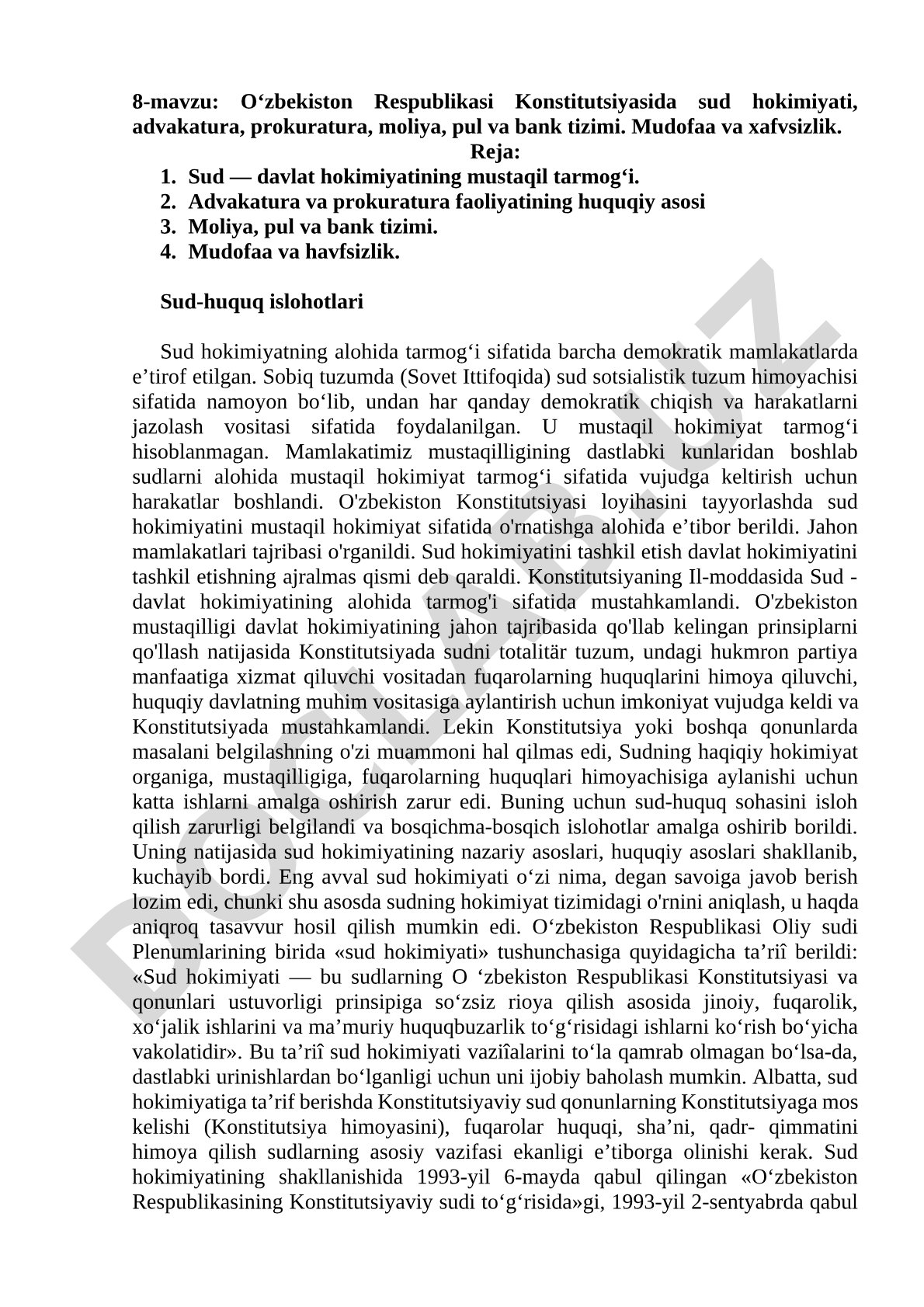 O‘zbekiston Respublikasi Konstitutsiyasida sud hokimiyati, advakatura, prokuratura, moliya, pul va bank tizimi. Mudofaa va xavfsizlik