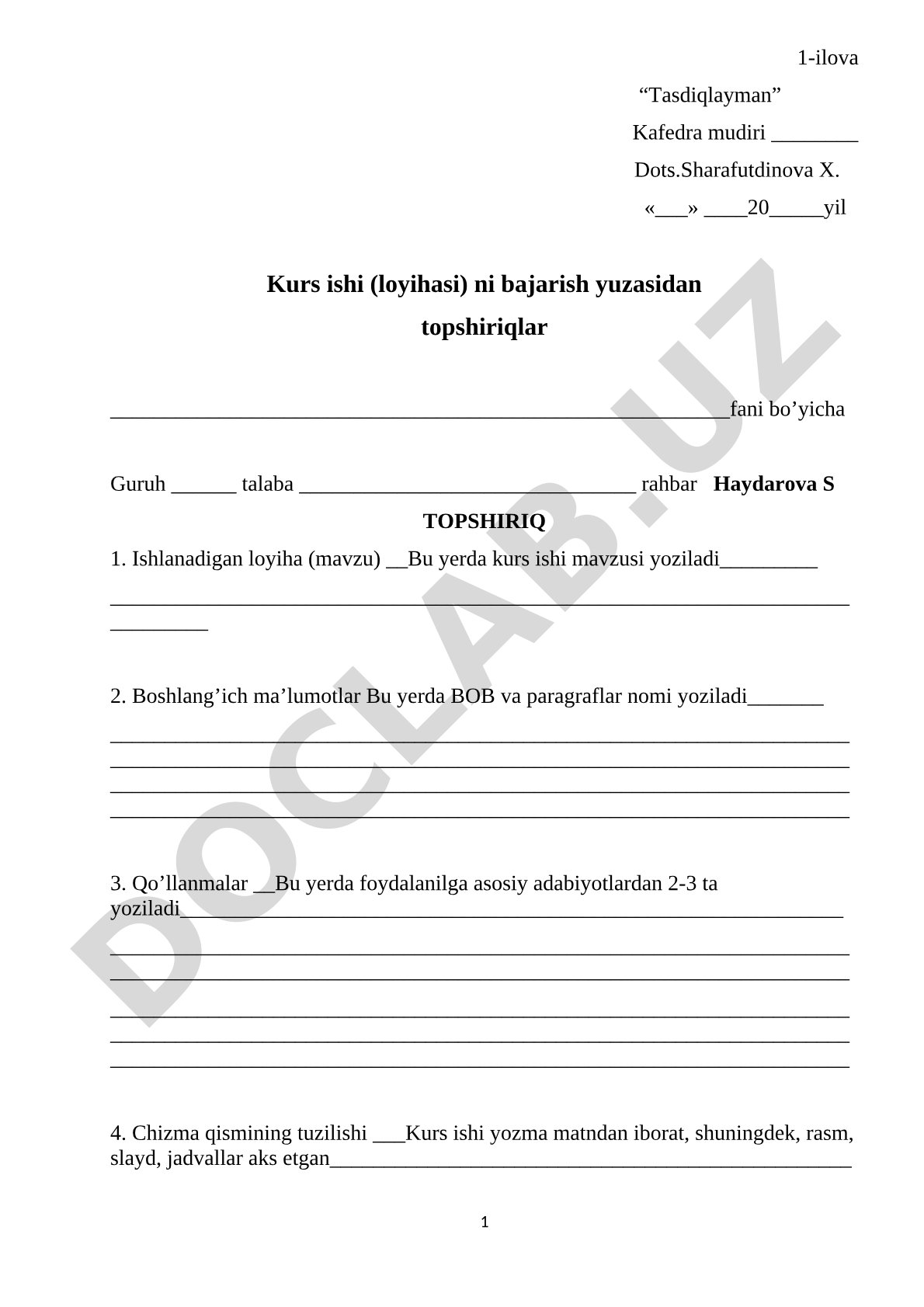 Kurs ishi (loyihasi) ni bajarish yuzasidan topshiriqlar