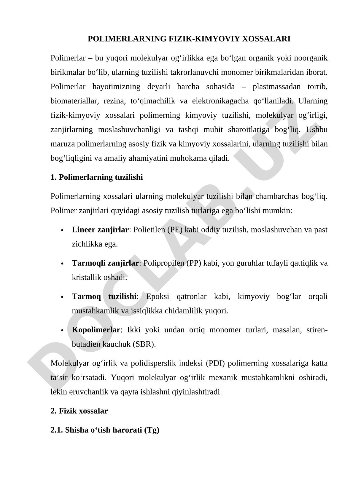 Polimerlarning fizik-kimyoviy xossalari