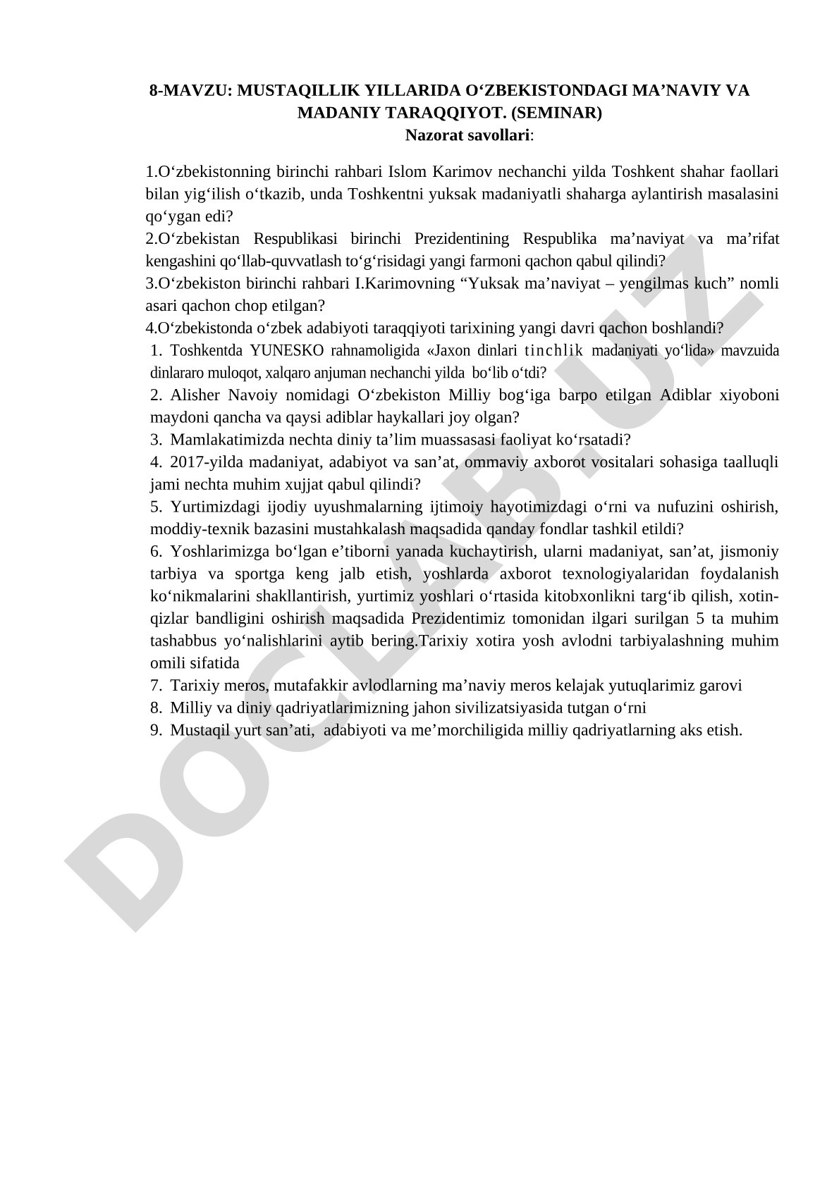 Mustaqillik yillarida O‘zbekistondagi ma’naviy va madaniy taraqqiyot