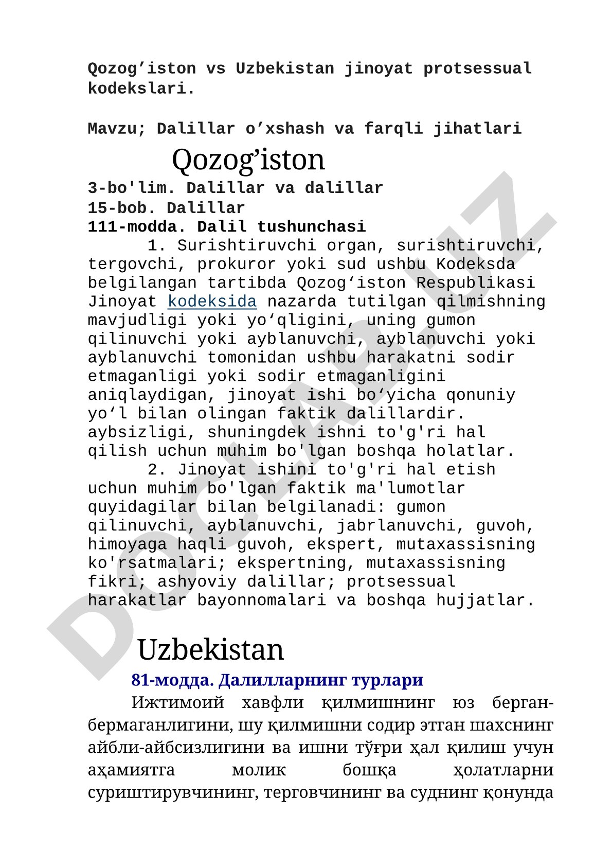 Qozog'iston va O'zbekiston jinoyat protsessual kodekslarida dalillar o'xshash va farqli jihatlari