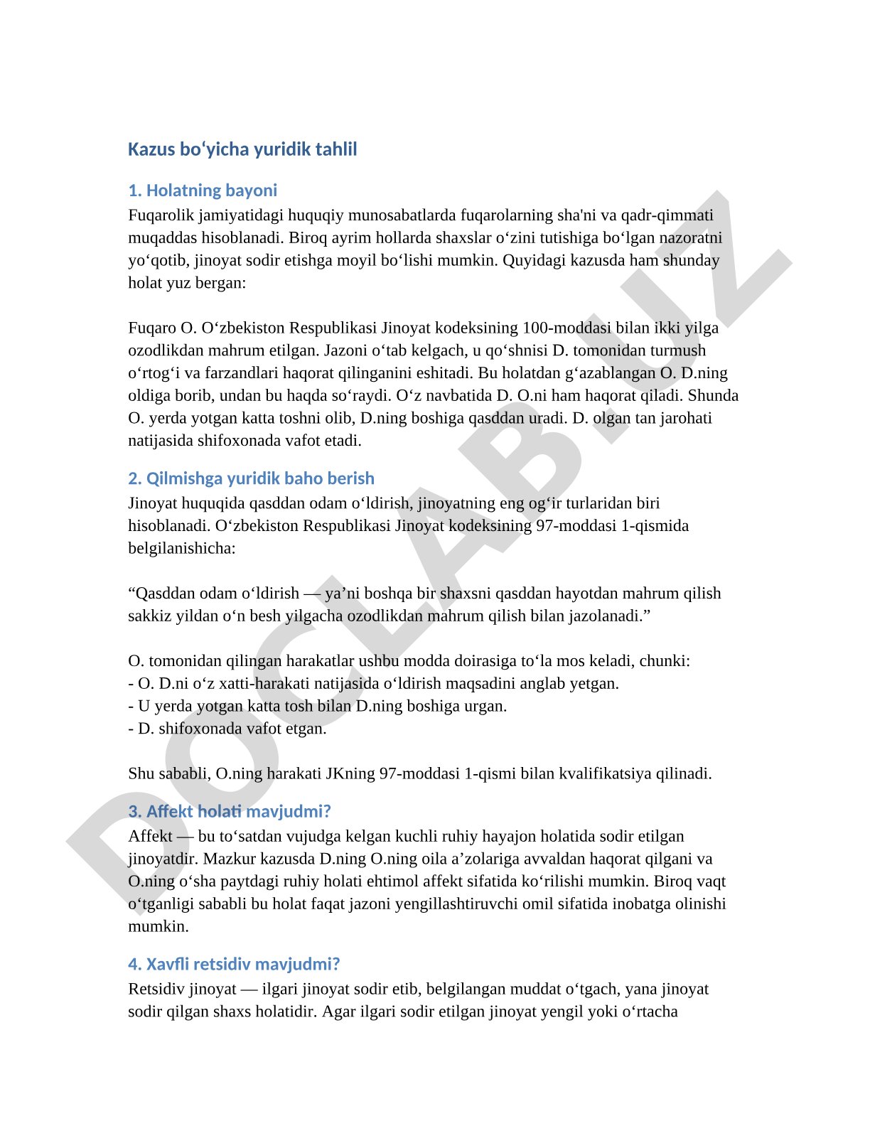 Kazus bo'yicha yuridik tahlil