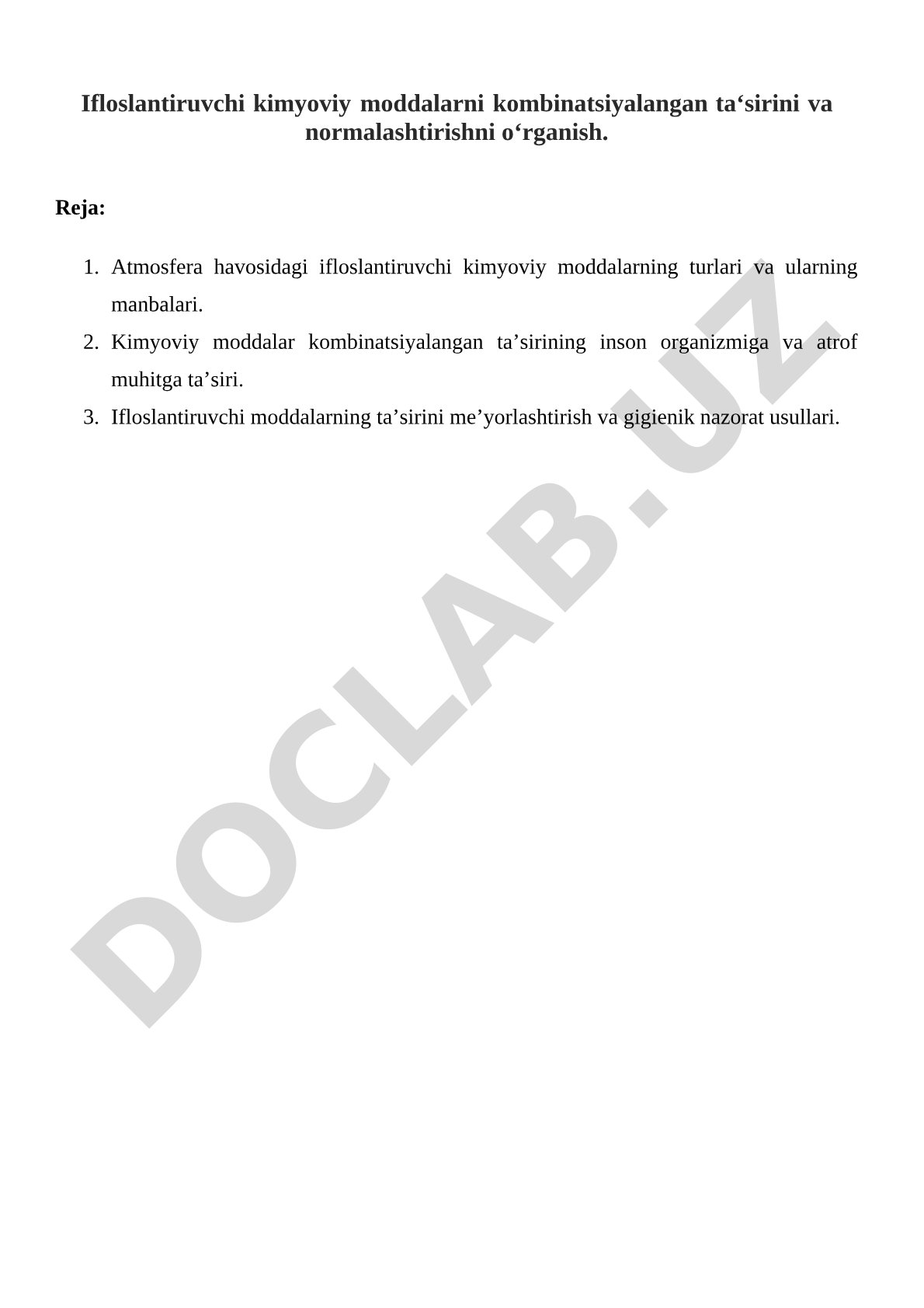 Ifloslantiruvchi kimyoviy moddalarni kombinatsiyalangan ta'sirini va normalashtirishni o'rganish