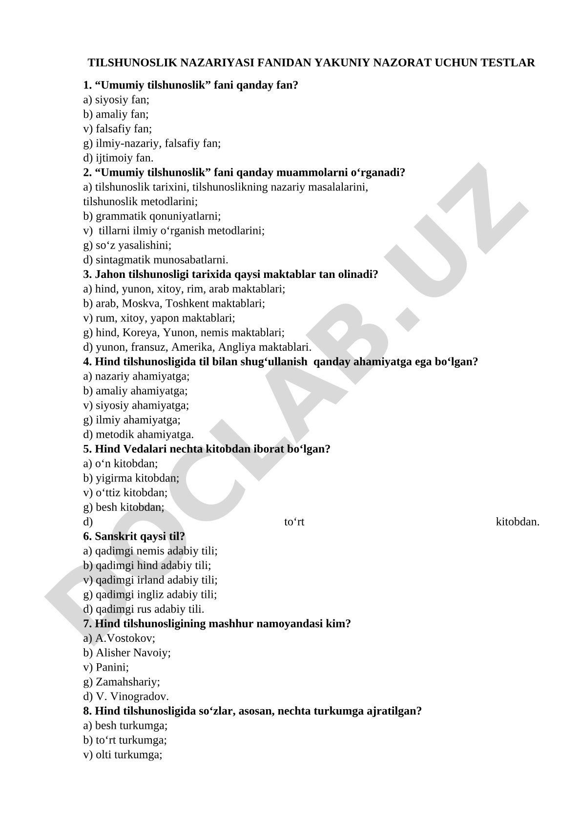 Umumiy tilshunoslik fanidan testlar