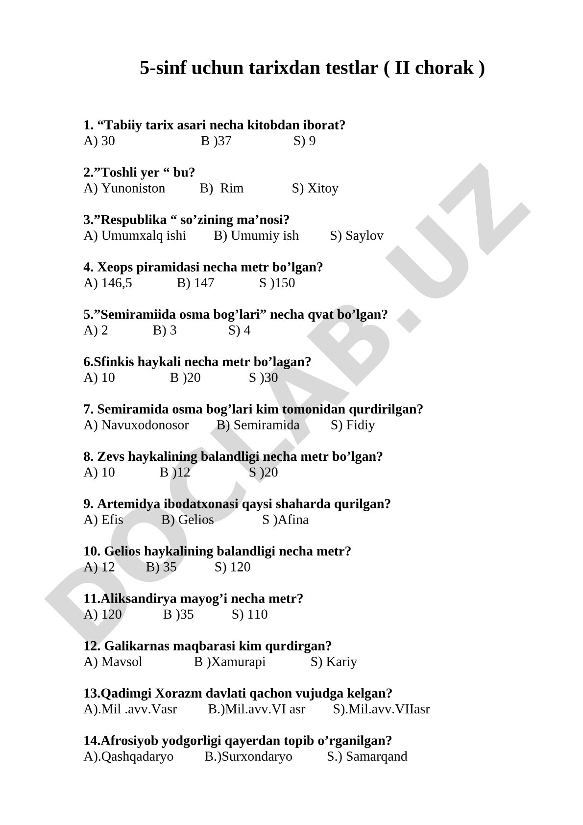 5-sinf uchun tarixdan testlar (II chorak)