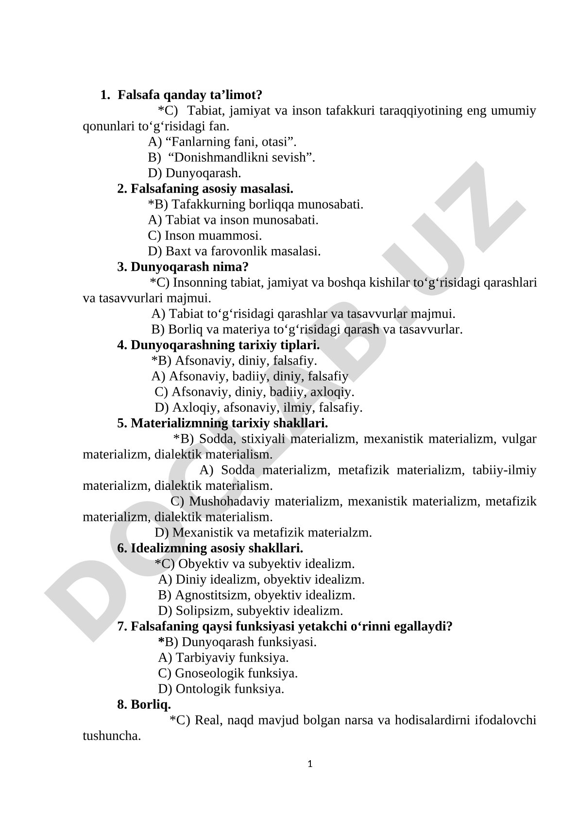 Falsafa asoslari: test savollari