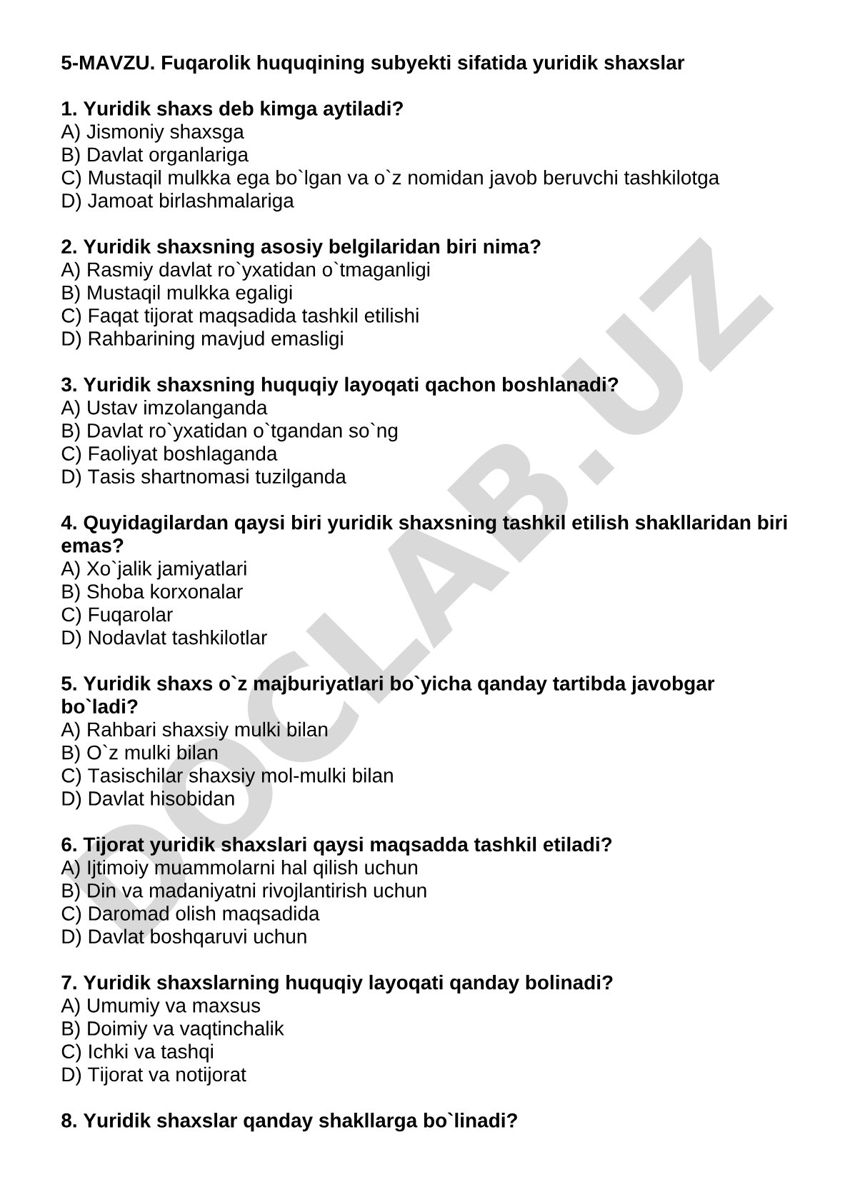 Fuqarolik huquqining subyekti sifatida yuridik shaxslar