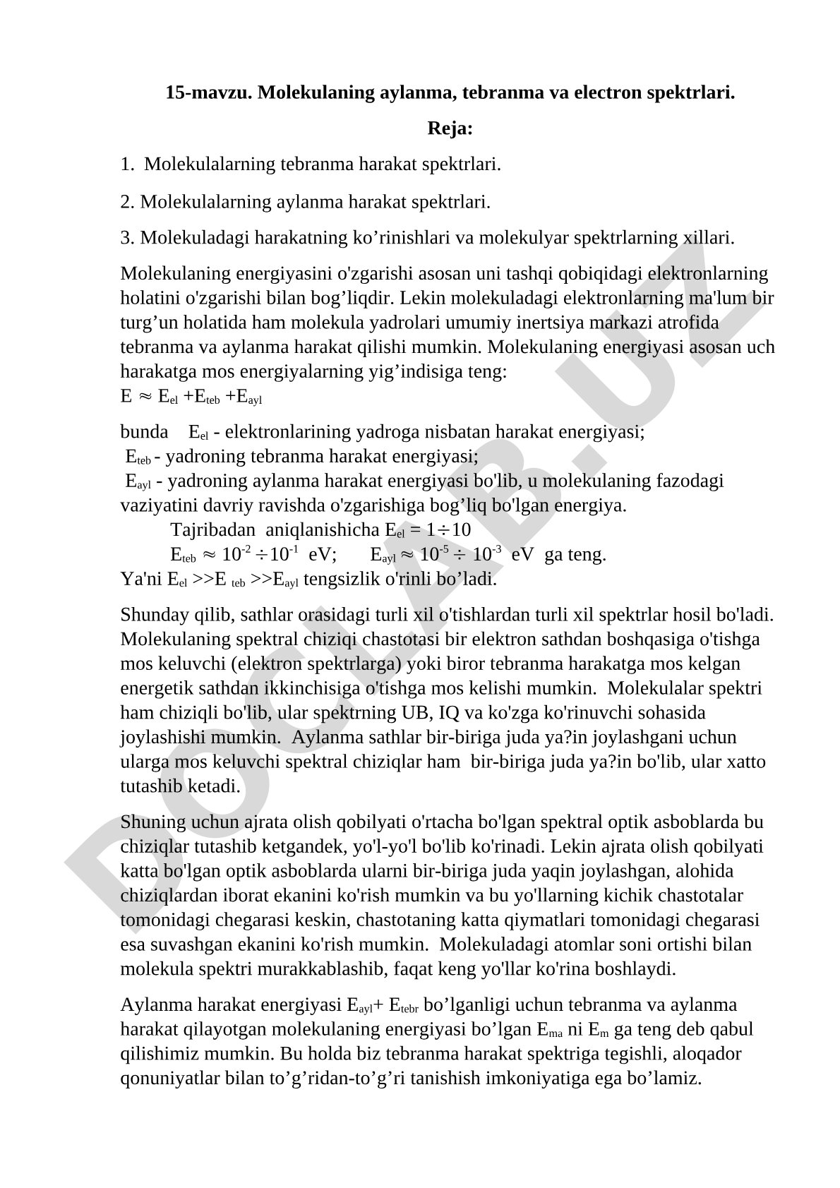 Molekulaning aylanma, tebranma va elektron spektrlari