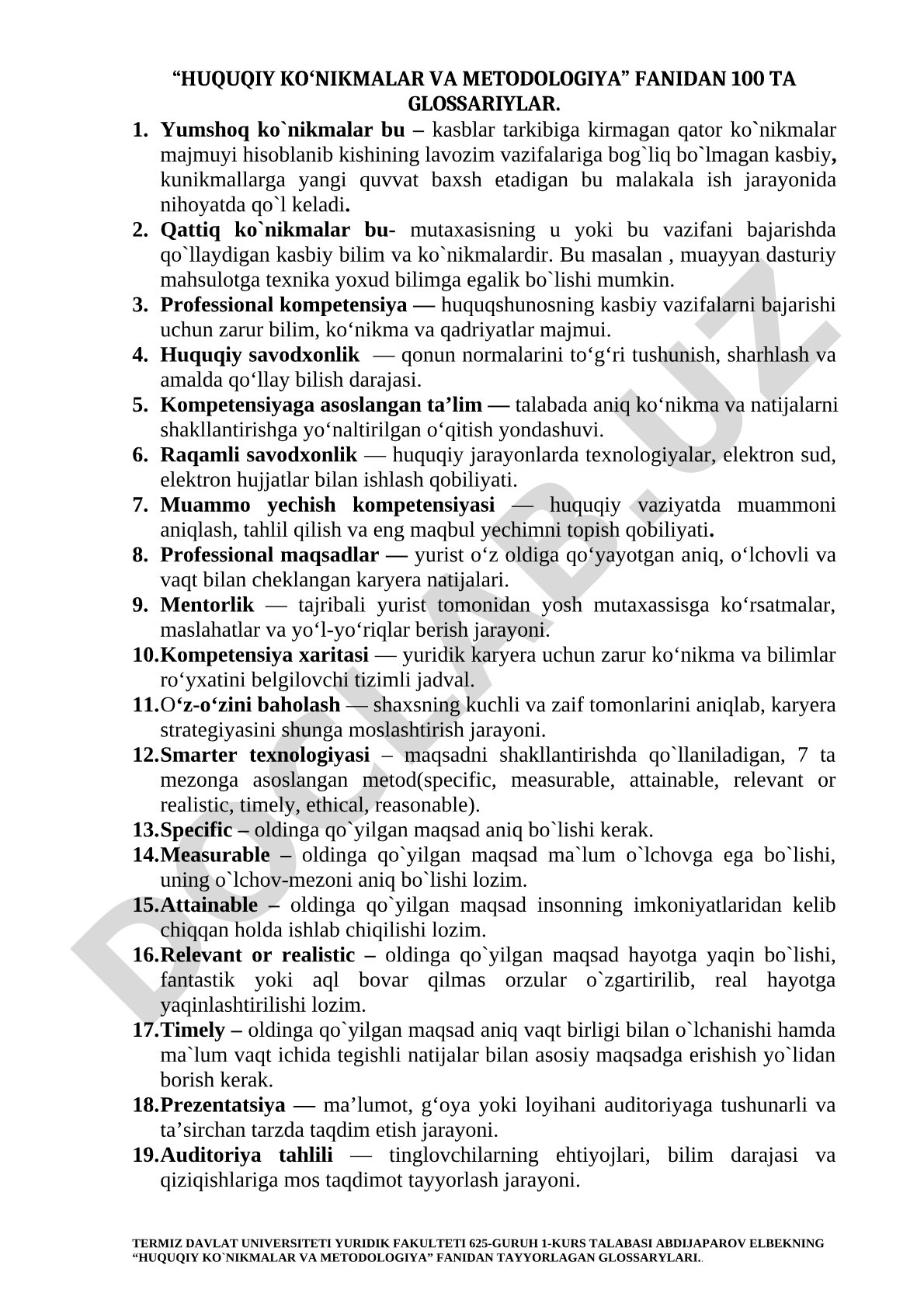 Huquqiy ko'nikmalar va metodologiya fanidan 100 ta glossariylar