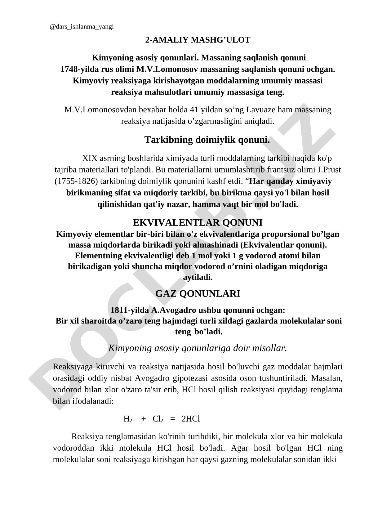 Kimyoning asosiy qonunlari: Massaning saqlanish, tarkibning doimiylik, ekvivalentlar va gaz qonunlari