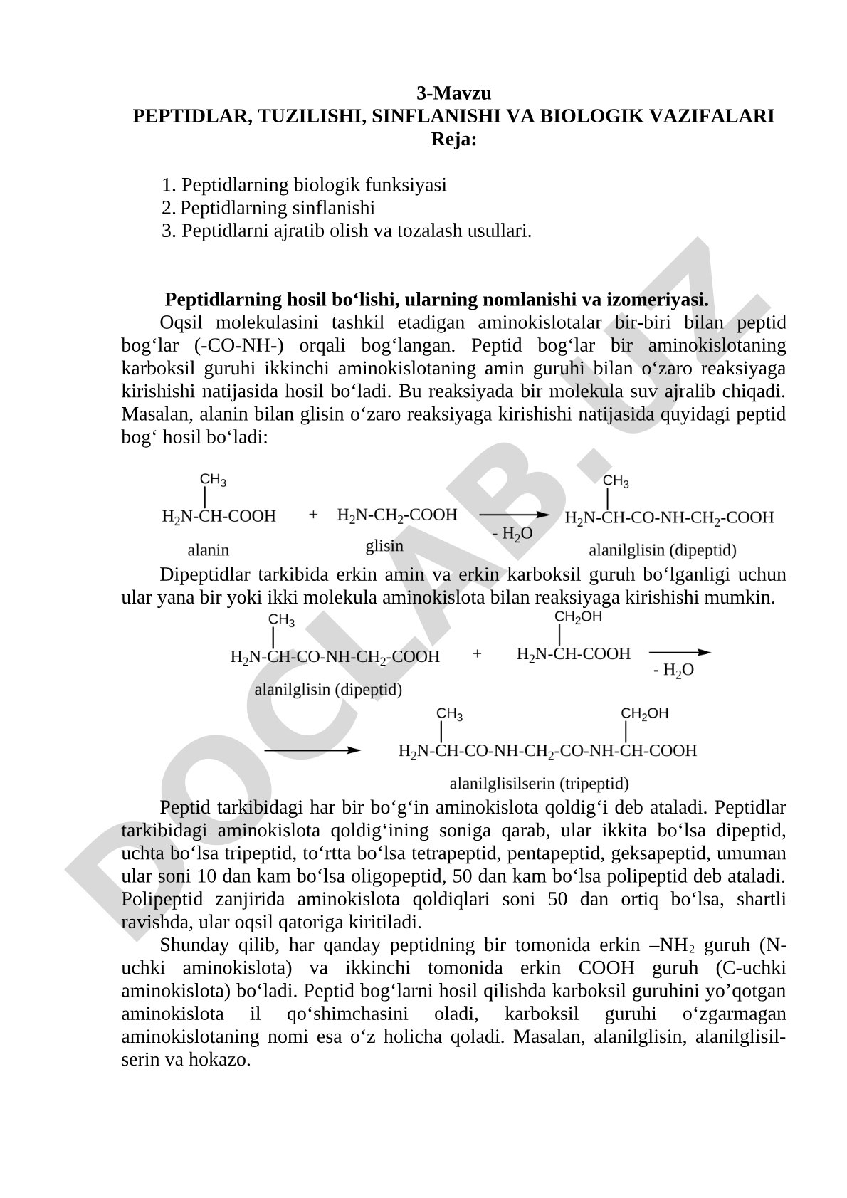 Peptidlar, tuzilishi, sinflanishi va biologik vazifalari