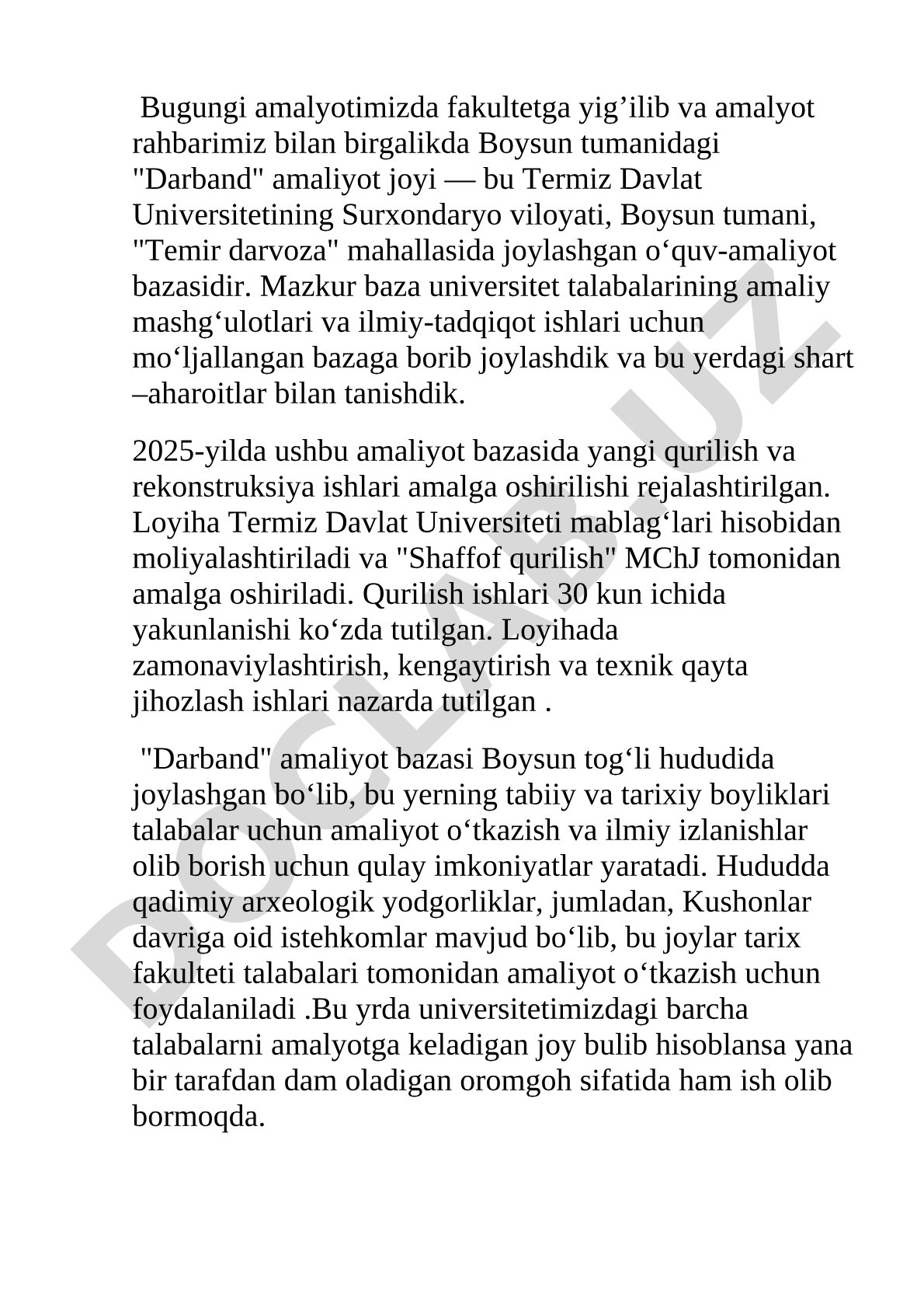 Darband amaliyot bazasiga tashrif va qurilish rejalari