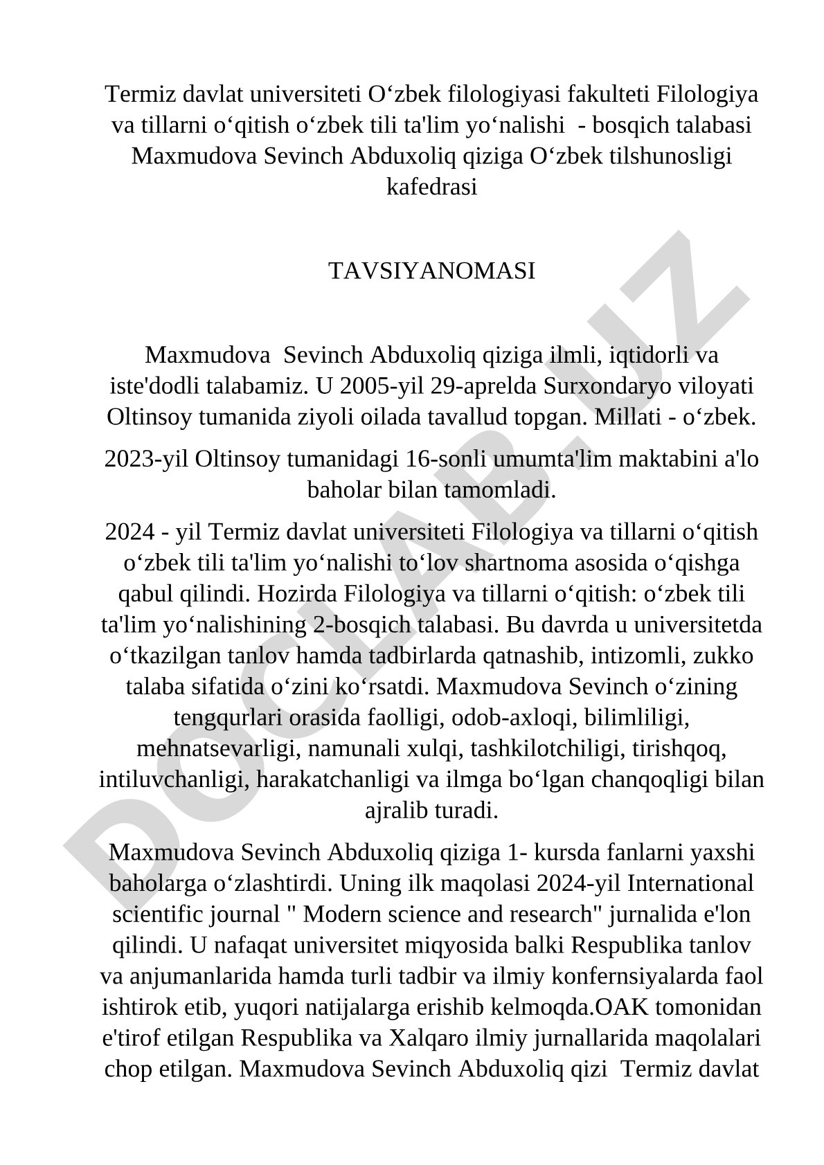 Maxmudova Sevinch Abduxoliq qiziga tavsiyanoma
