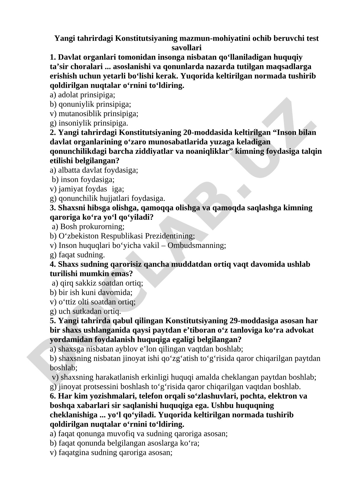 Yangi tahrirdagi Konstitutsiyaning mazmun-mohiyatini ochib beruvchi test savollari