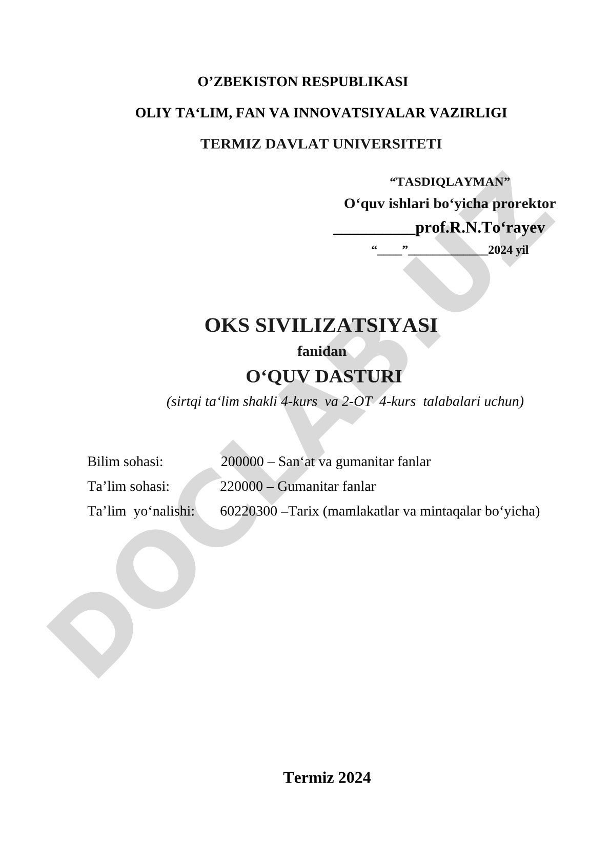 Oks sivilizatsiyasi fanidan o'quv dasturi