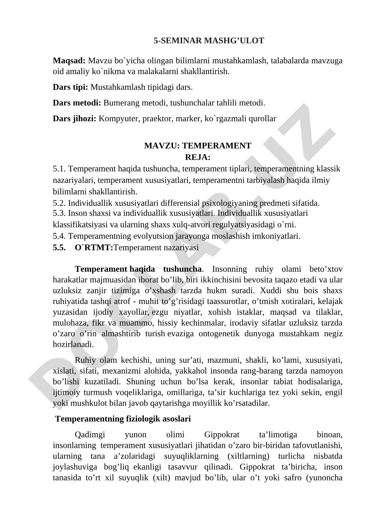 Temperament haqida tushuncha, temperament tiplari va klassik nazariyalari