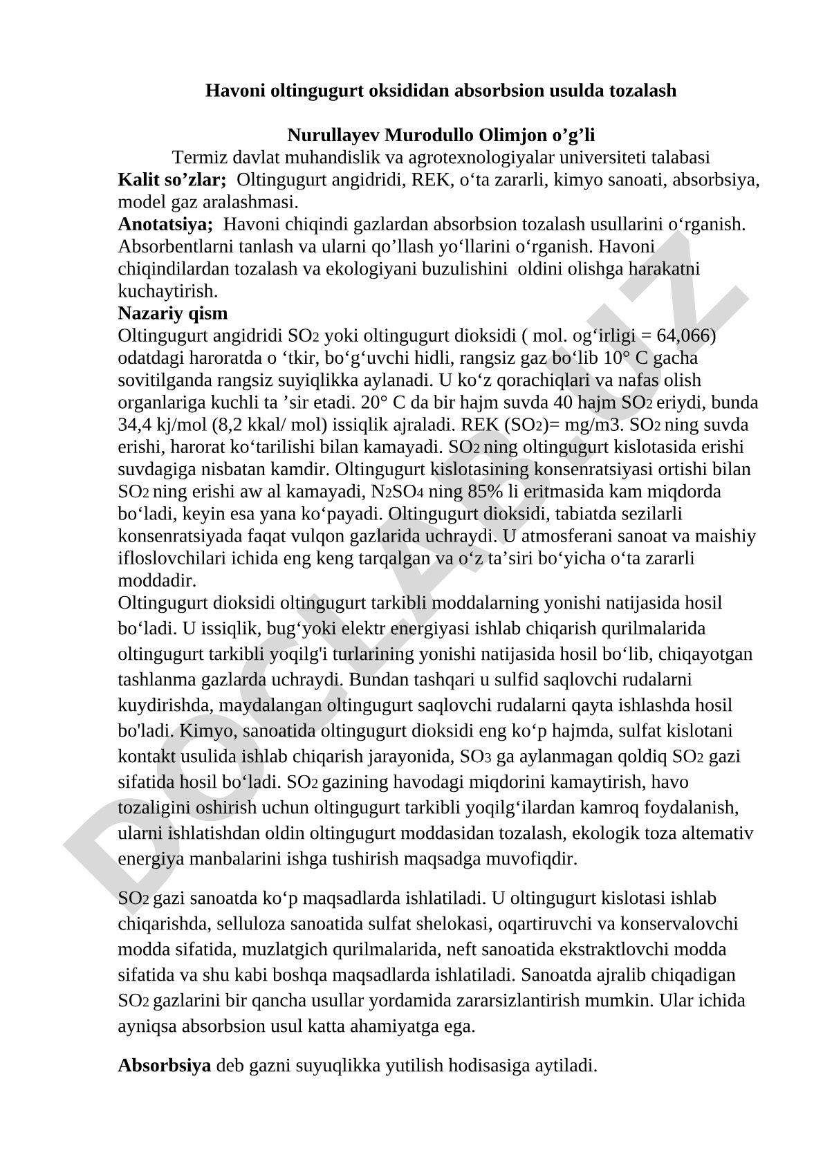 Havoni oltingugurt oksididan absorbsion usulda tozalash