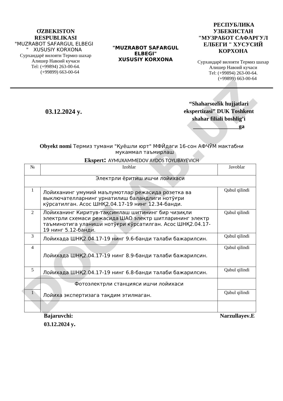 Термиз тумани 16-сон АФЧЎМ мактабни мукаммал таъмирлаш электрли ёритиш ишчи лойихасига эксперт хулосаси