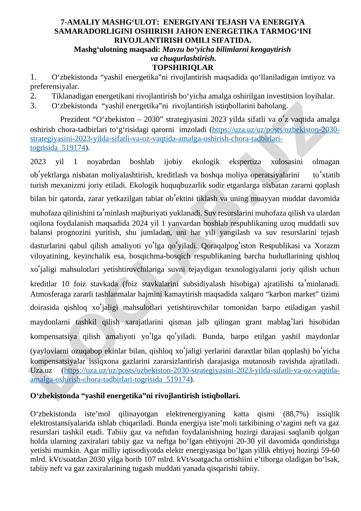 Energiyani tejash va energiya samaradorligini oshirish jahon energetika tarmog‘ini rivojlantirish omili sifatida