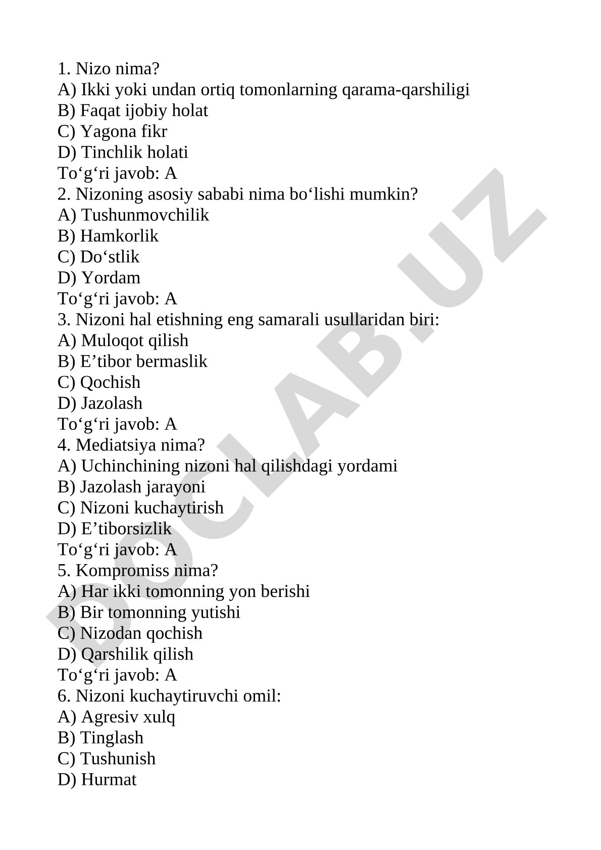 Nizolarni hal qilish test savollari
