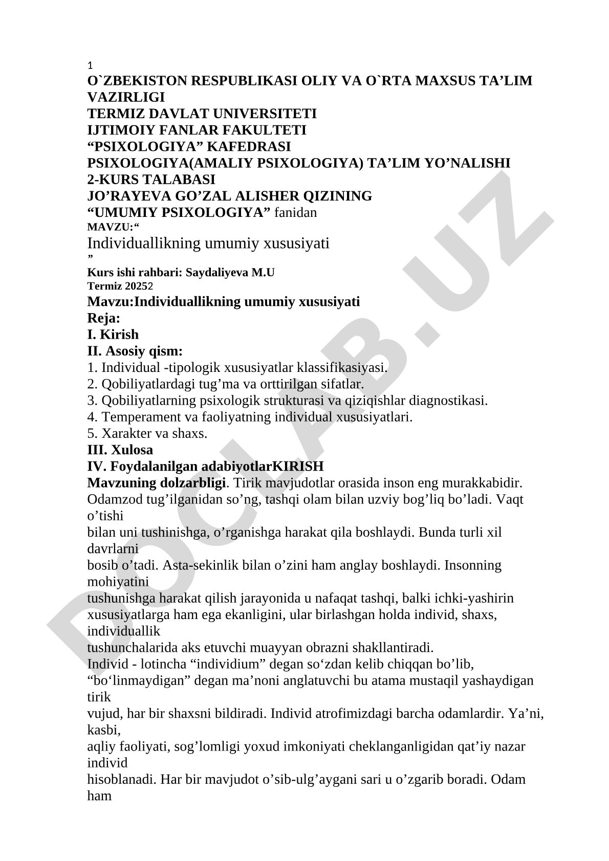 Individuallikning umumiy xususiyati
