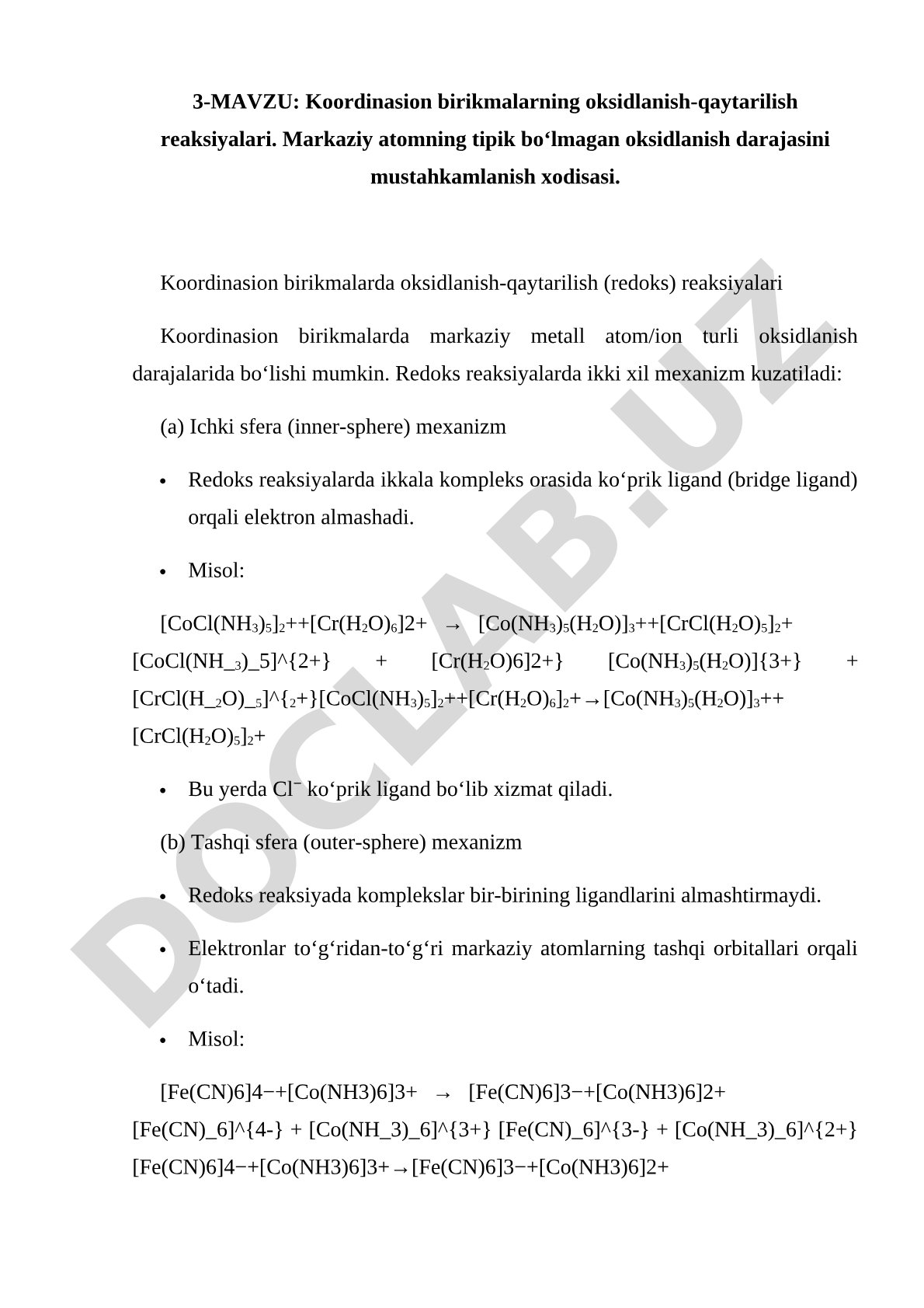Koordinasion birikmalarning oksidlanish-qaytarilish reaksiyalari