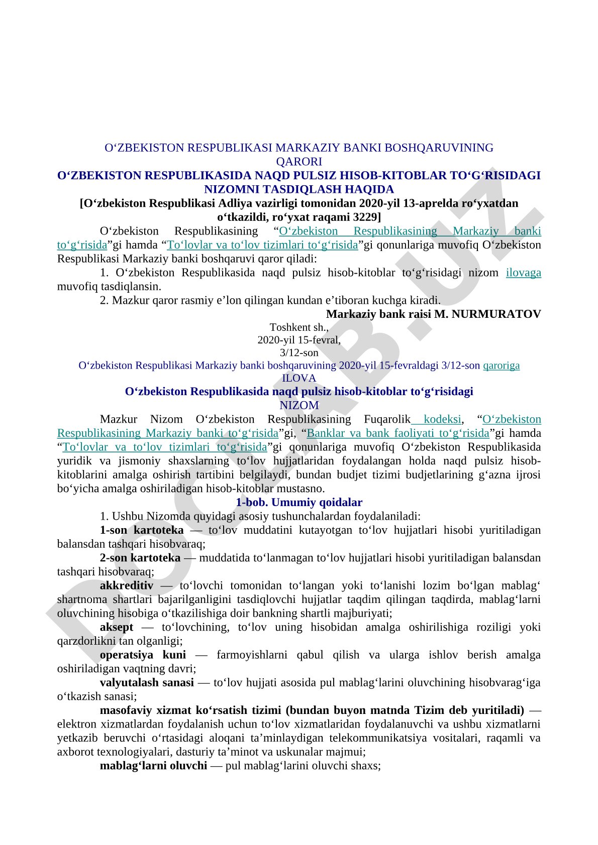 O‘zbekiston Respublikasida naqd pulsiz hisob-kitoblar to‘g‘risidagi nizomni tasdiqlash haqida