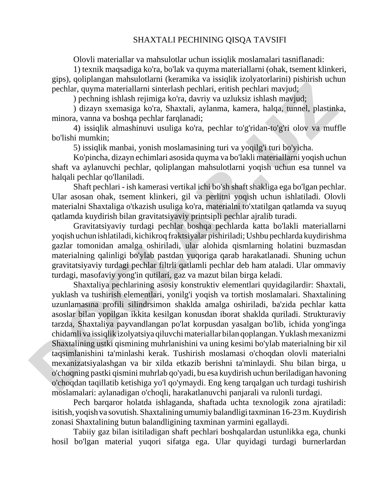 Shaxtali pechining qisqa tavsifi