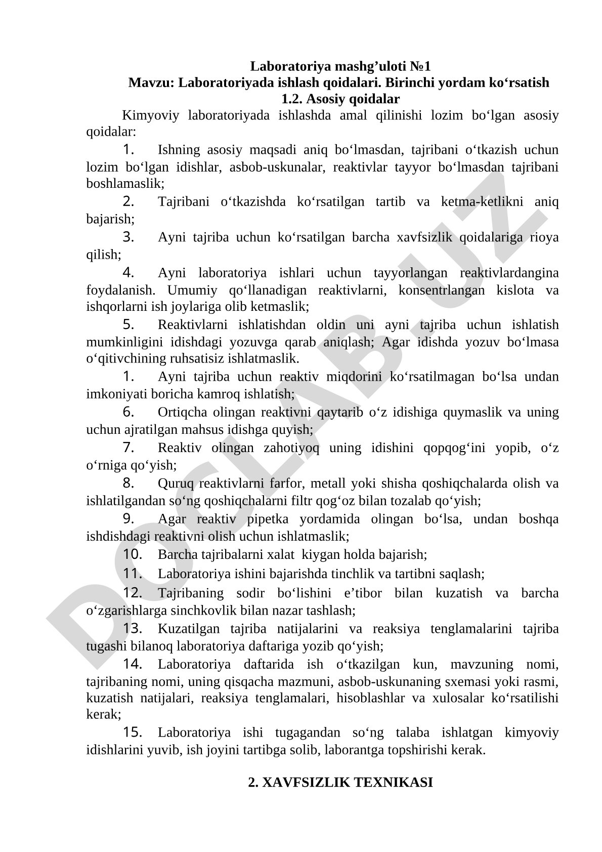 Laboratoriyada ishlash qoidalari. Birinchi yordam ko'rsatish