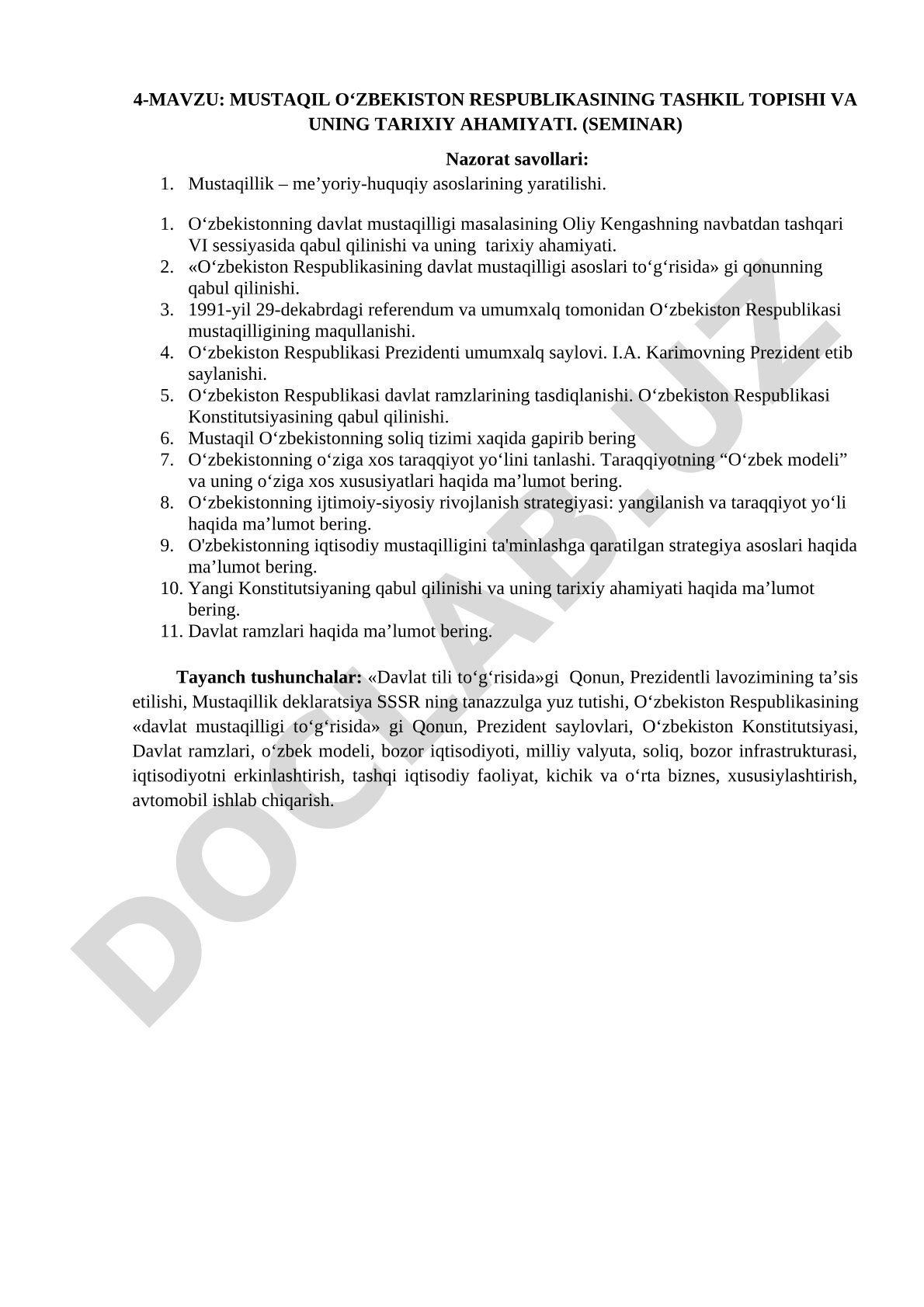 Mustaqil O‘zbekiston Respublikasining tashkil topishi va uning tarixiy ahamiyati