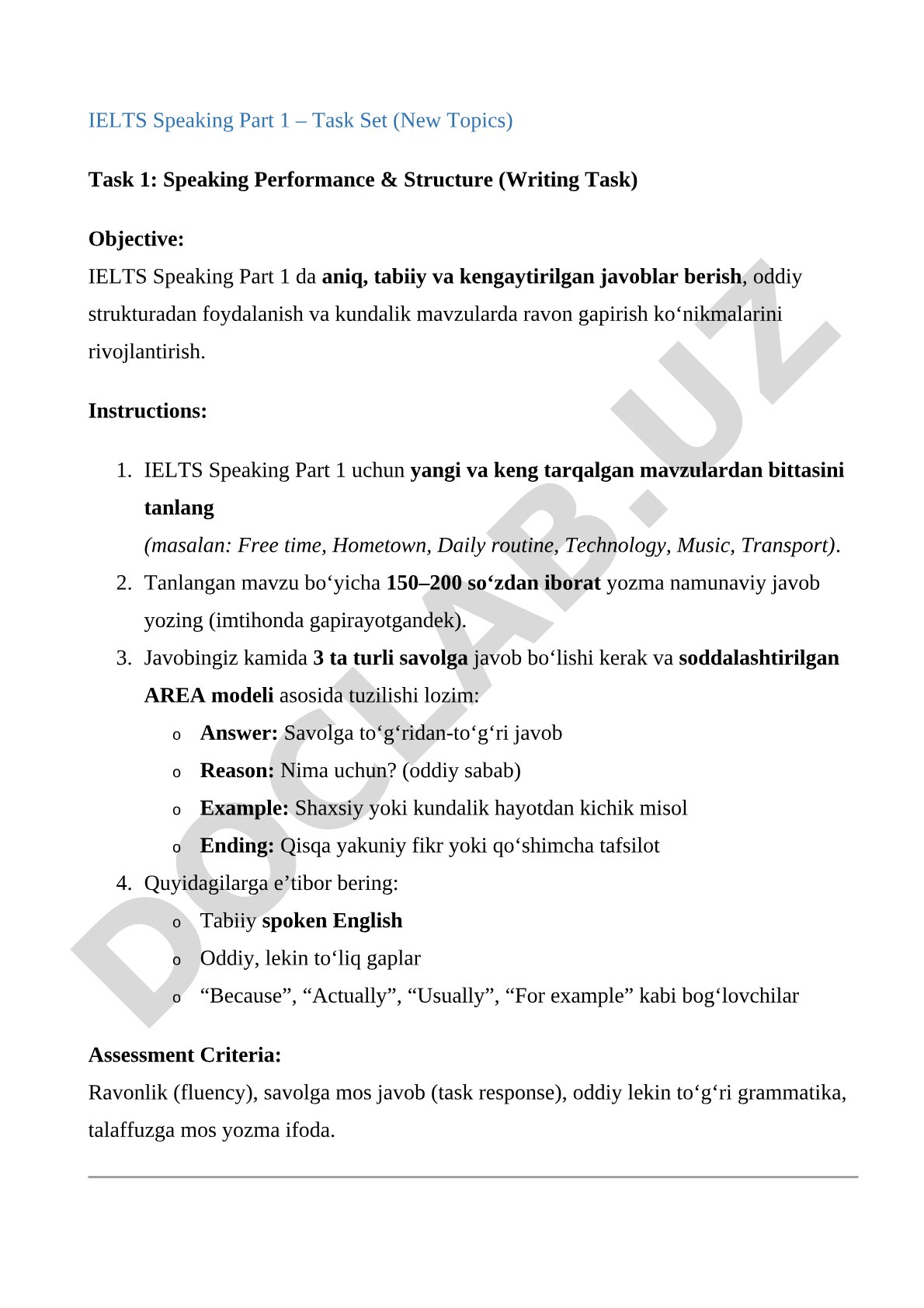 IELTS Speaking Part 1 Task Set