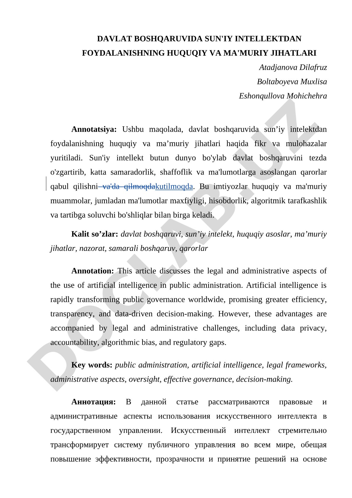 Davlat boshqaruvida sun'iy intellektdan foydalanishning huquqiy va ma'muriy jihatlari